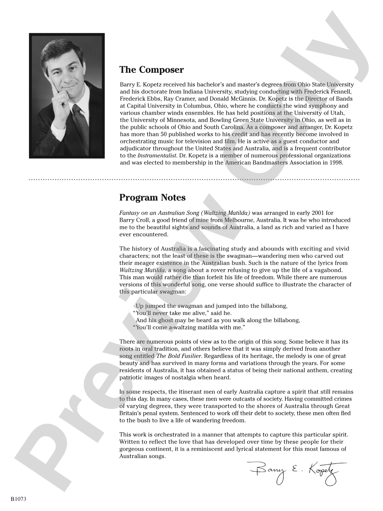 Fantasy on an Australian Song: Concert Band Conductor Score & Parts
