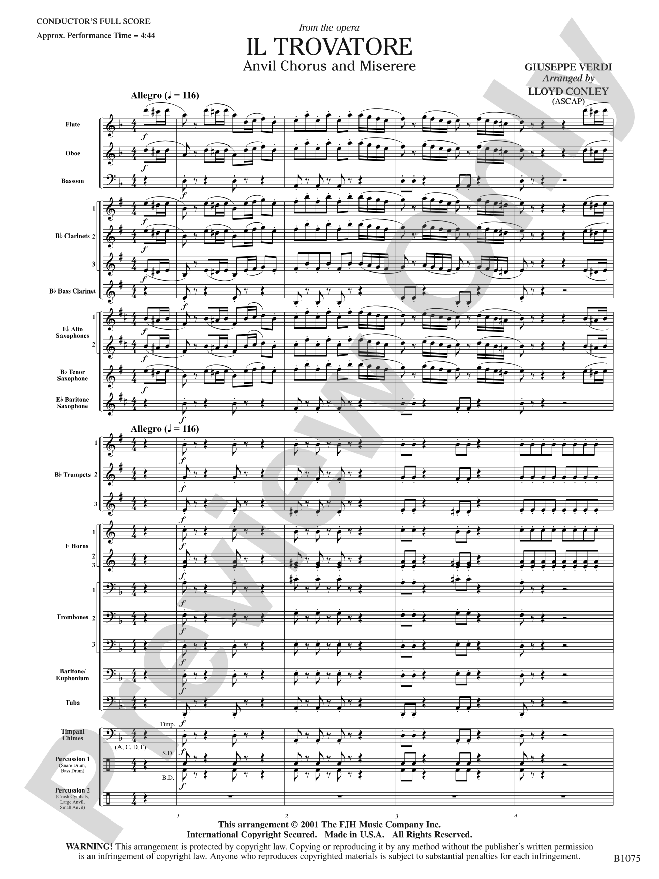 Il Trovatore (Anvil Chorus and Miserere): Concert Band Conductor Score & Parts
