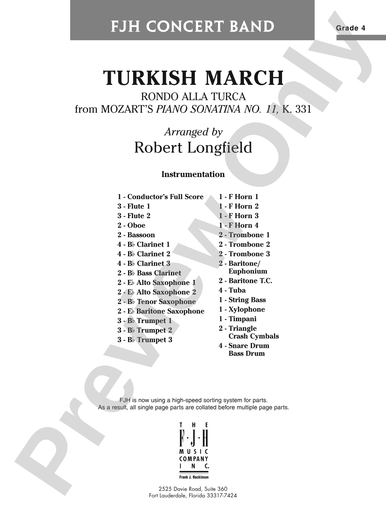 Turkish March (Rondo alla Turca): Concert Band Conductor Score & Parts