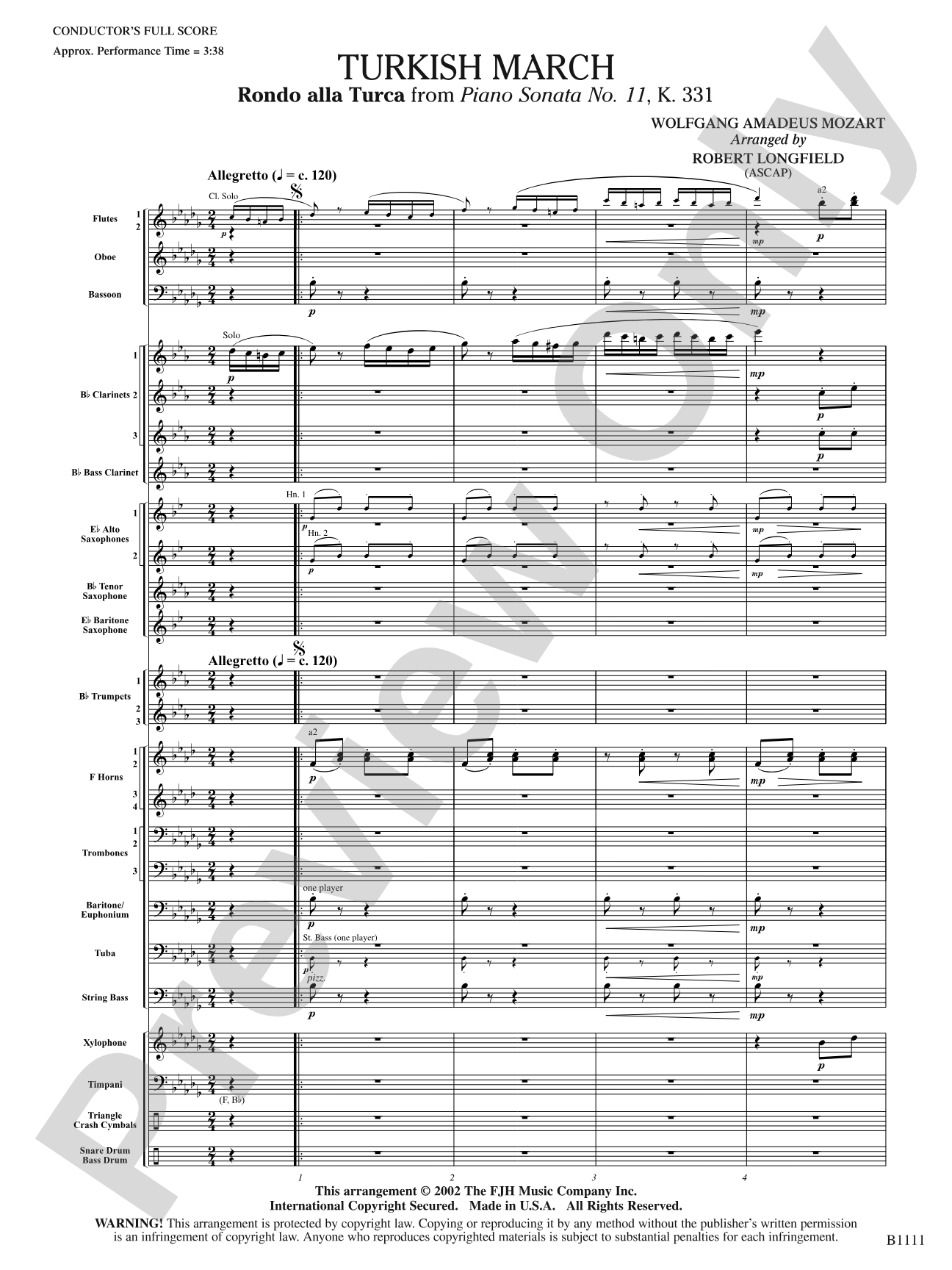 Turkish March (Rondo alla Turca): Concert Band Conductor Score & Parts