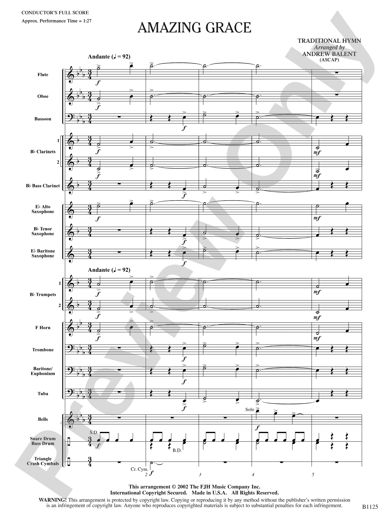 Amazing Grace: Concert Band Conductor Score & Parts