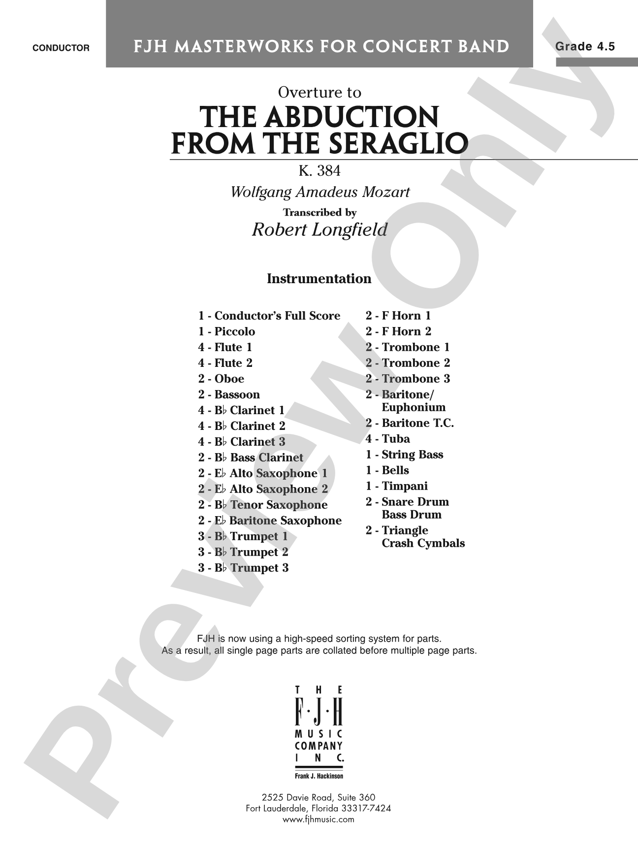 The Abduction from the Seraglio K. 384 (Overture): Concert Band Conductor Score & Parts