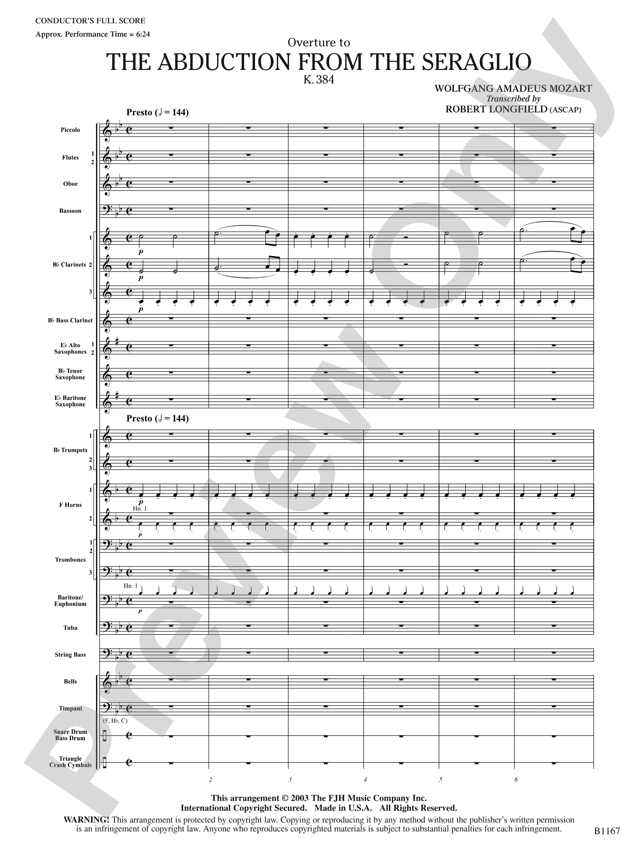 The Abduction from the Seraglio K. 384 (Overture): Concert Band Conductor Score & Parts