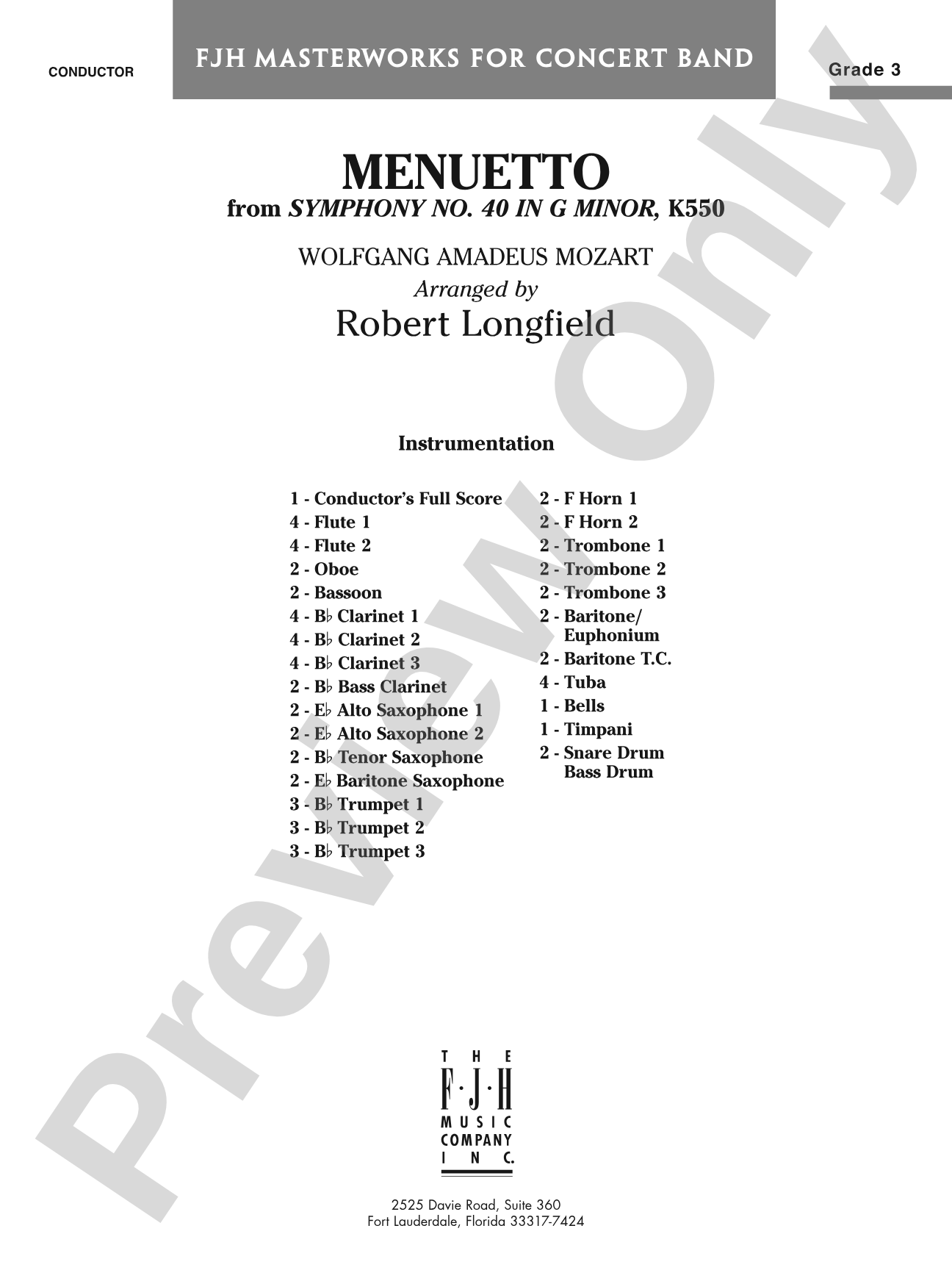 Menuetto (from Symphony No. 40 in G Minor, K 500): Concert Band Conductor Score & Parts