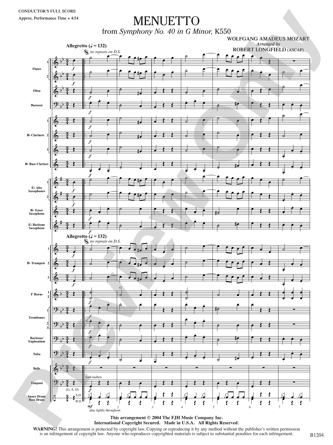 Menuetto (from Symphony No. 40 in G Minor, K 500): Concert Band Conductor Score & Parts