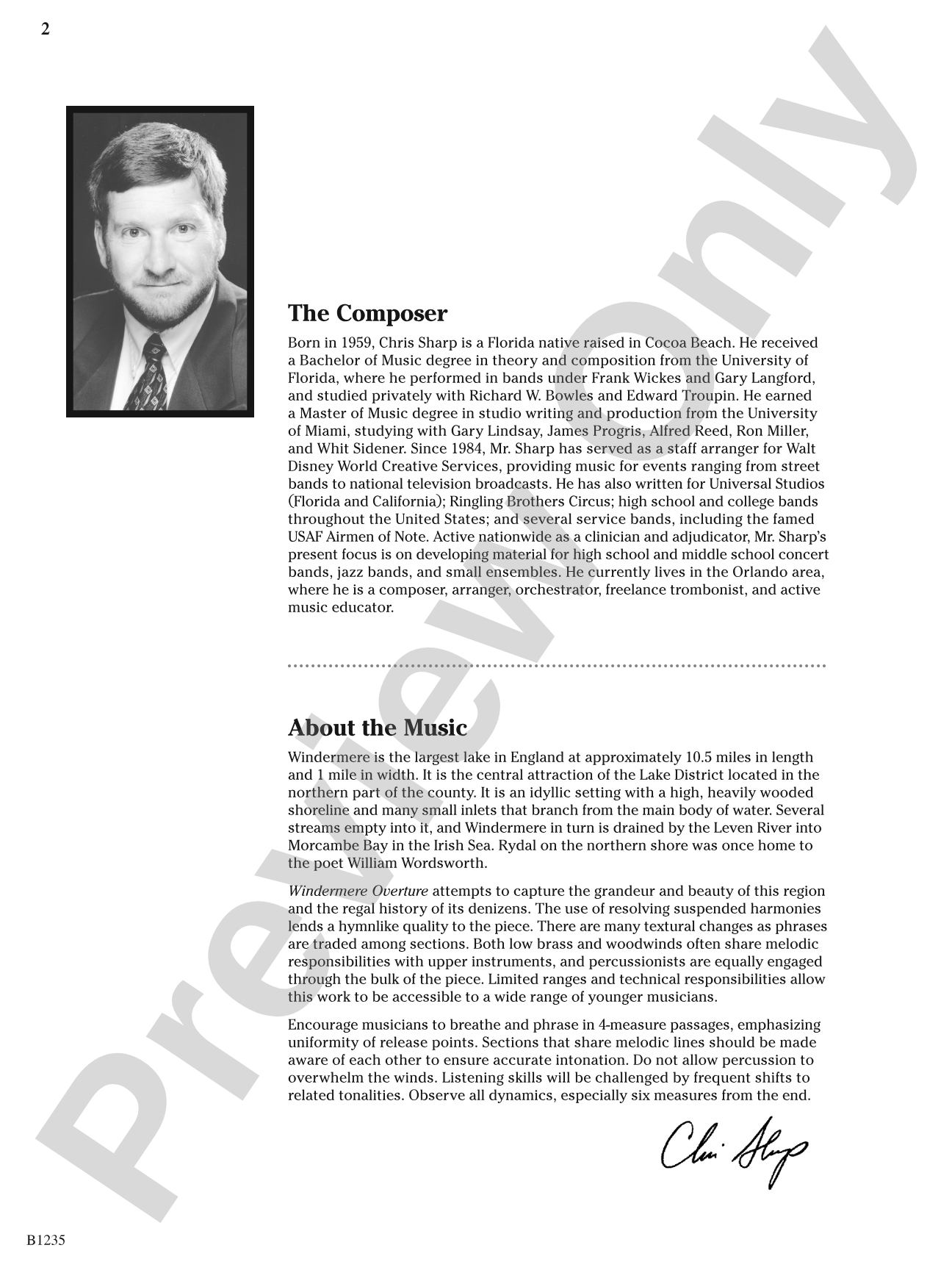 Windermere Overture: Concert Band Conductor Score & Parts