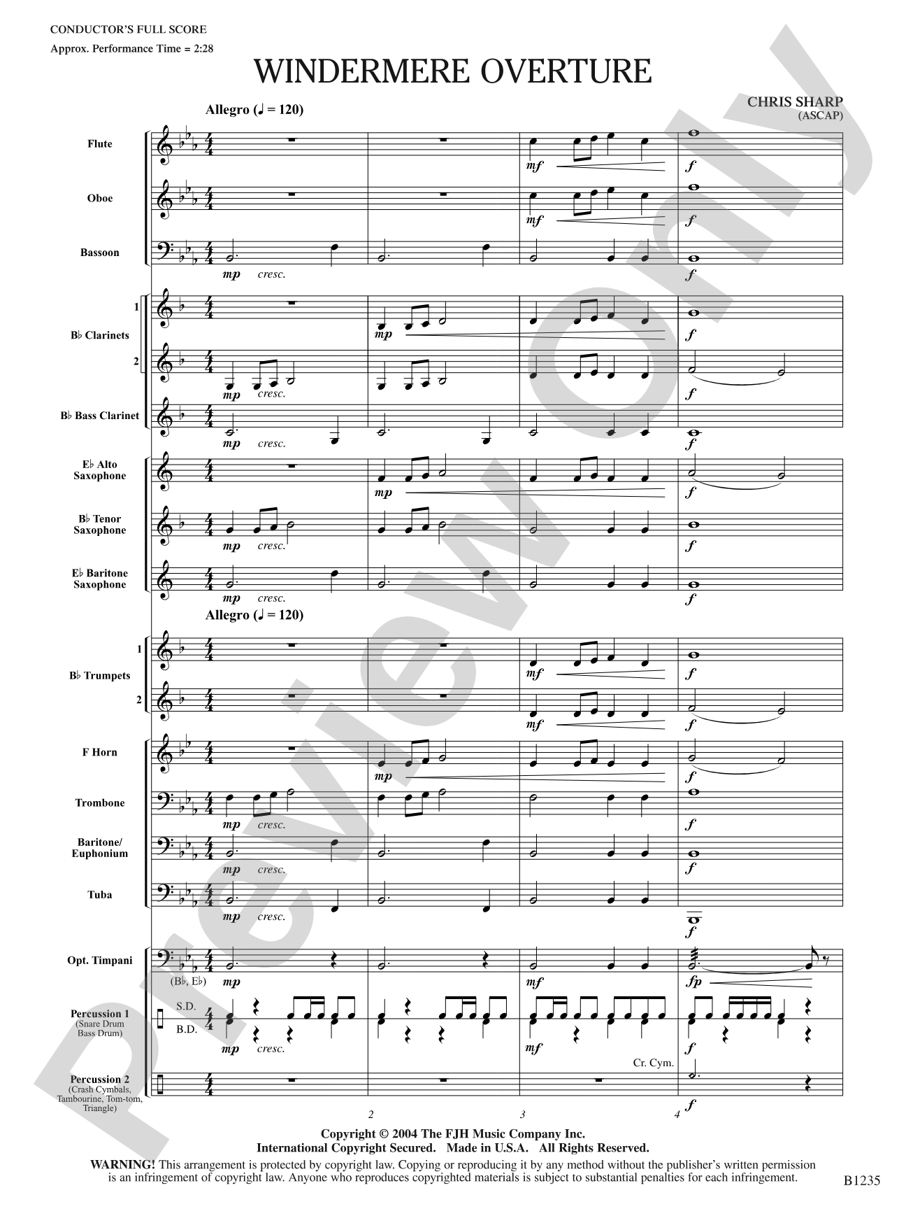 Windermere Overture: Concert Band Conductor Score & Parts