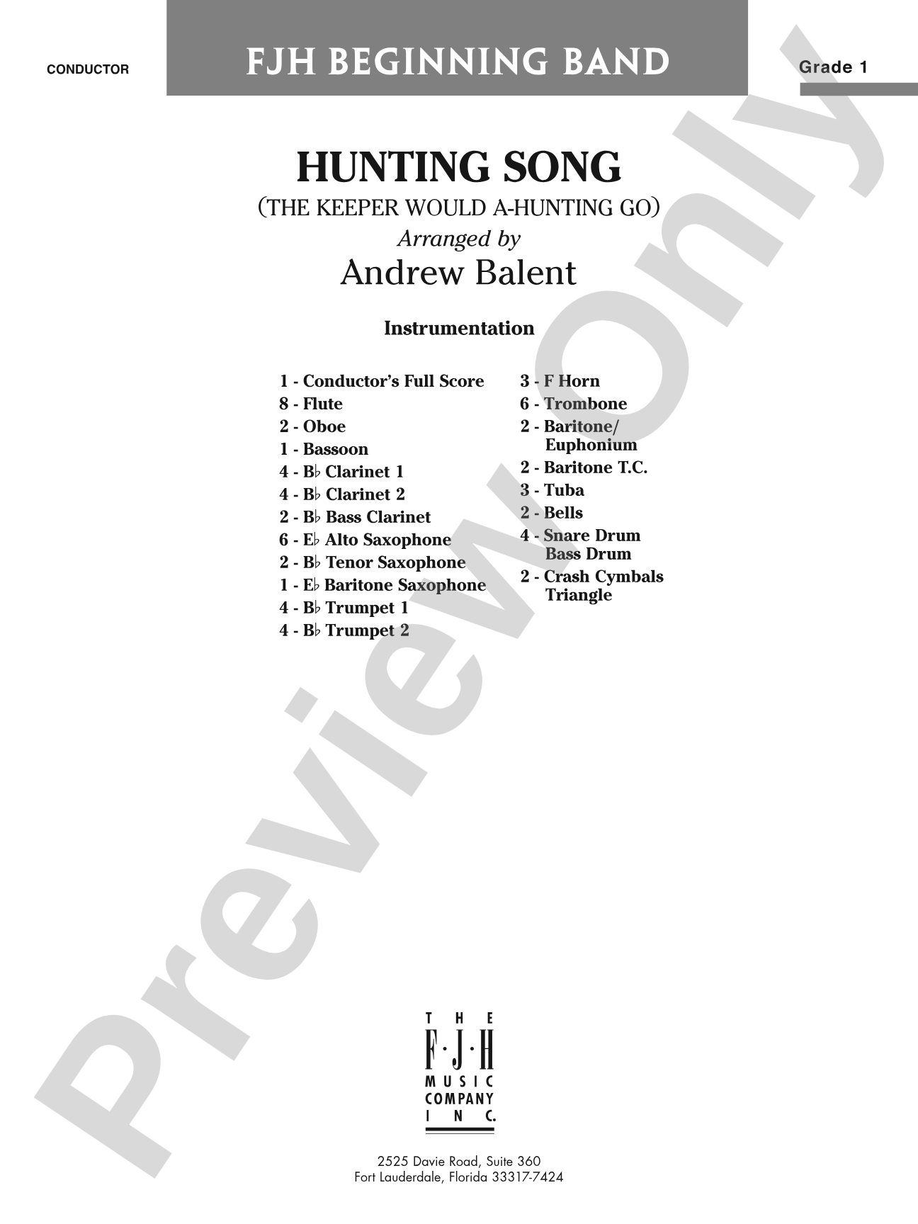 Hunting Song (The Keeper Would A-Hunting Go): Concert Band Conductor Score & Parts
