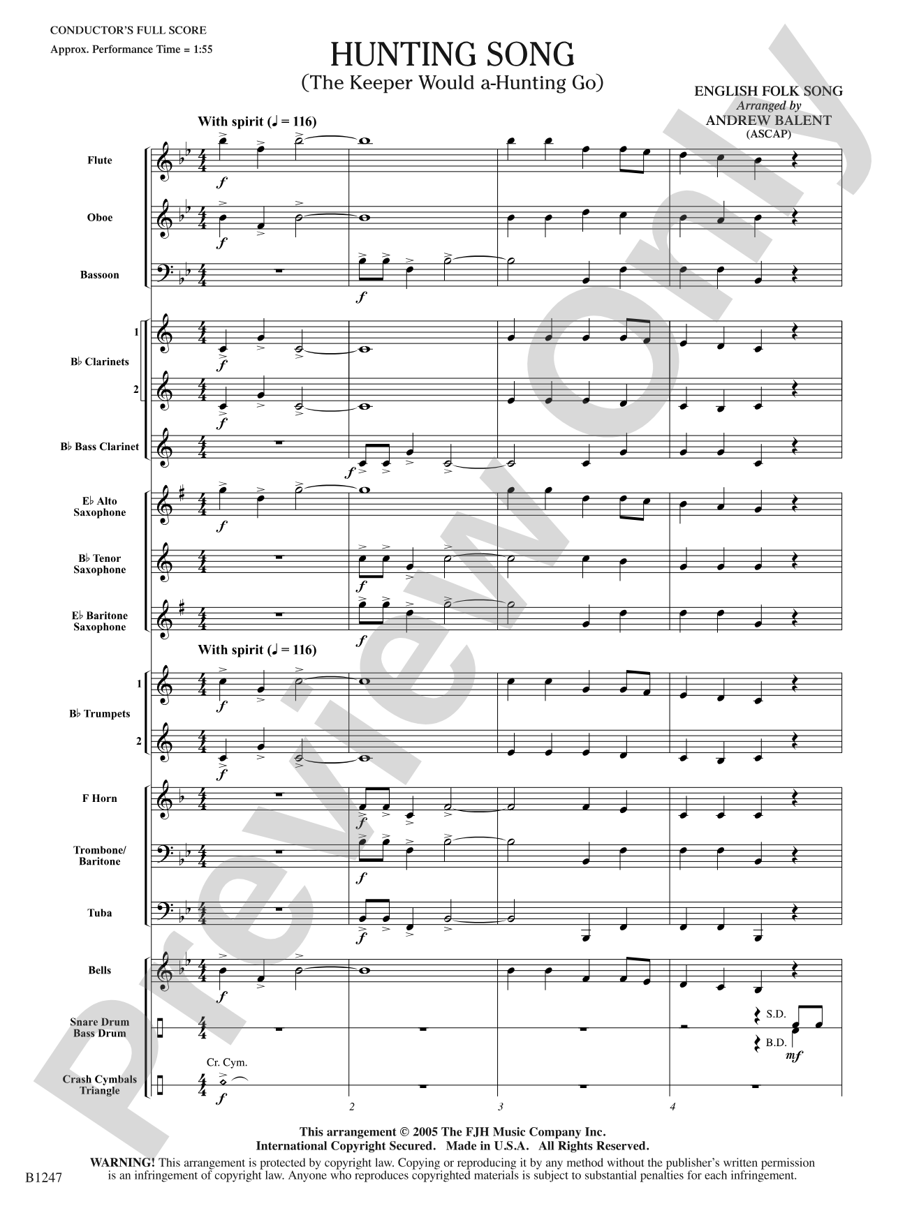 Hunting Song (The Keeper Would A-Hunting Go): Concert Band Conductor Score & Parts