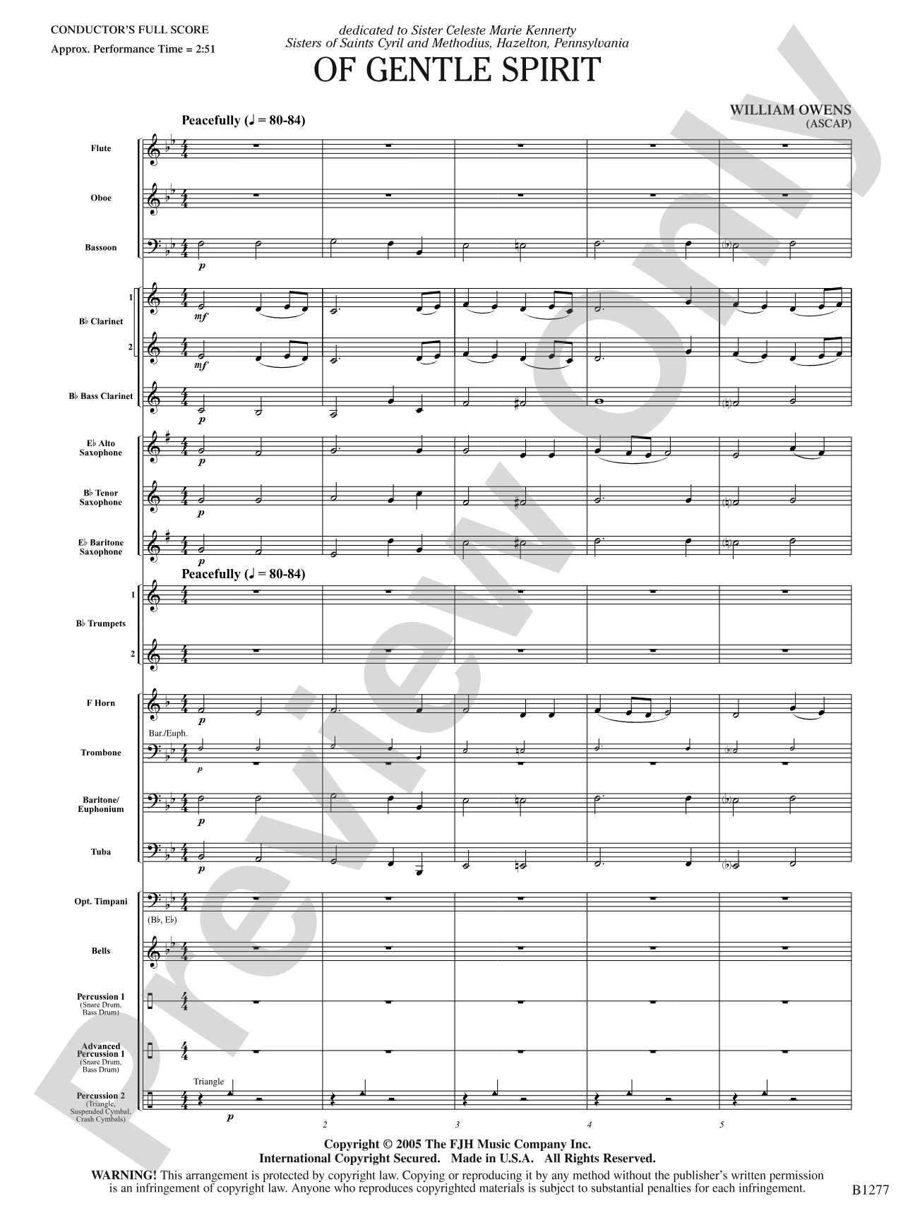 Of Gentle Spirit: Concert Band Conductor Score & Parts