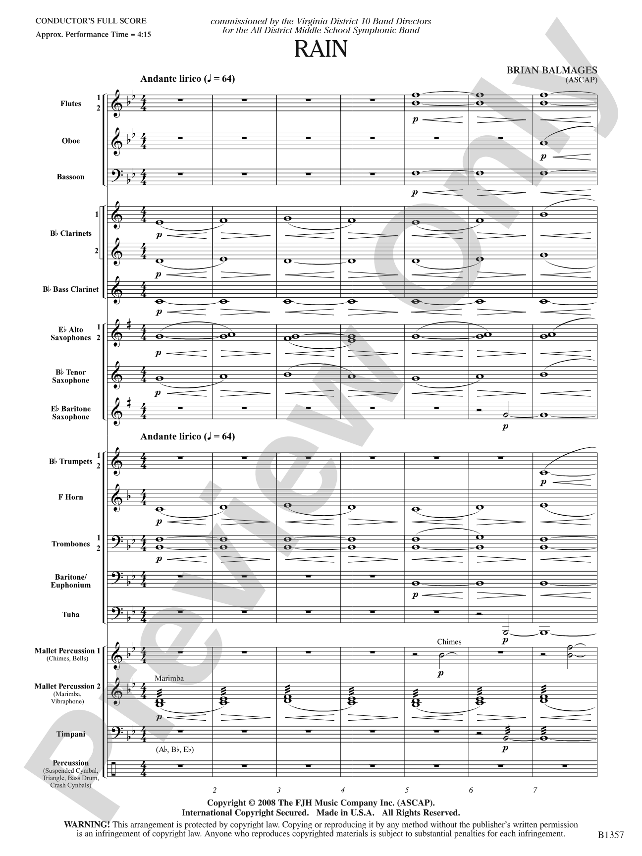 Rain: Concert Band Conductor Score & Parts