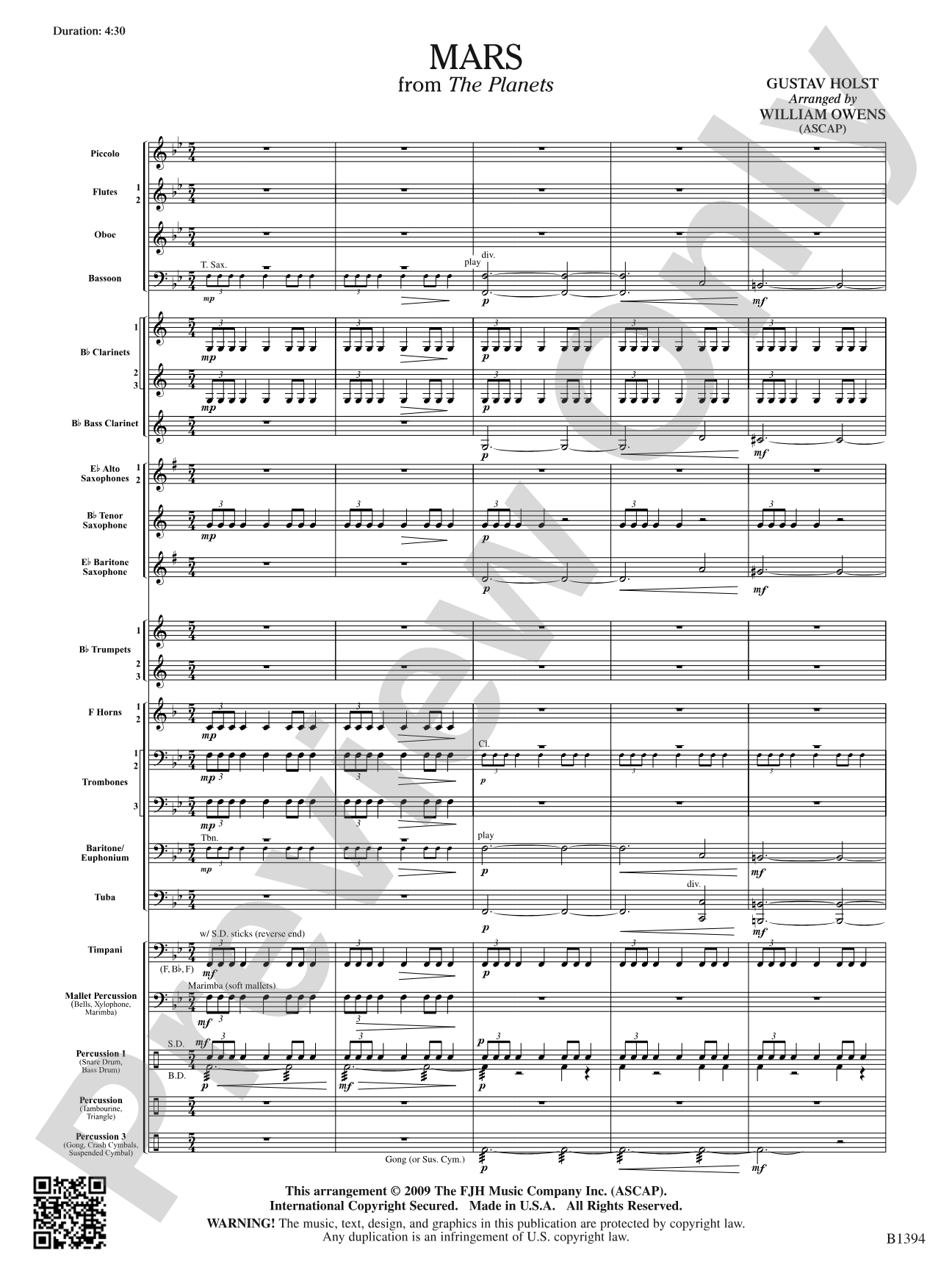 Mars from The Planets: Concert Band Conductor Score & Parts