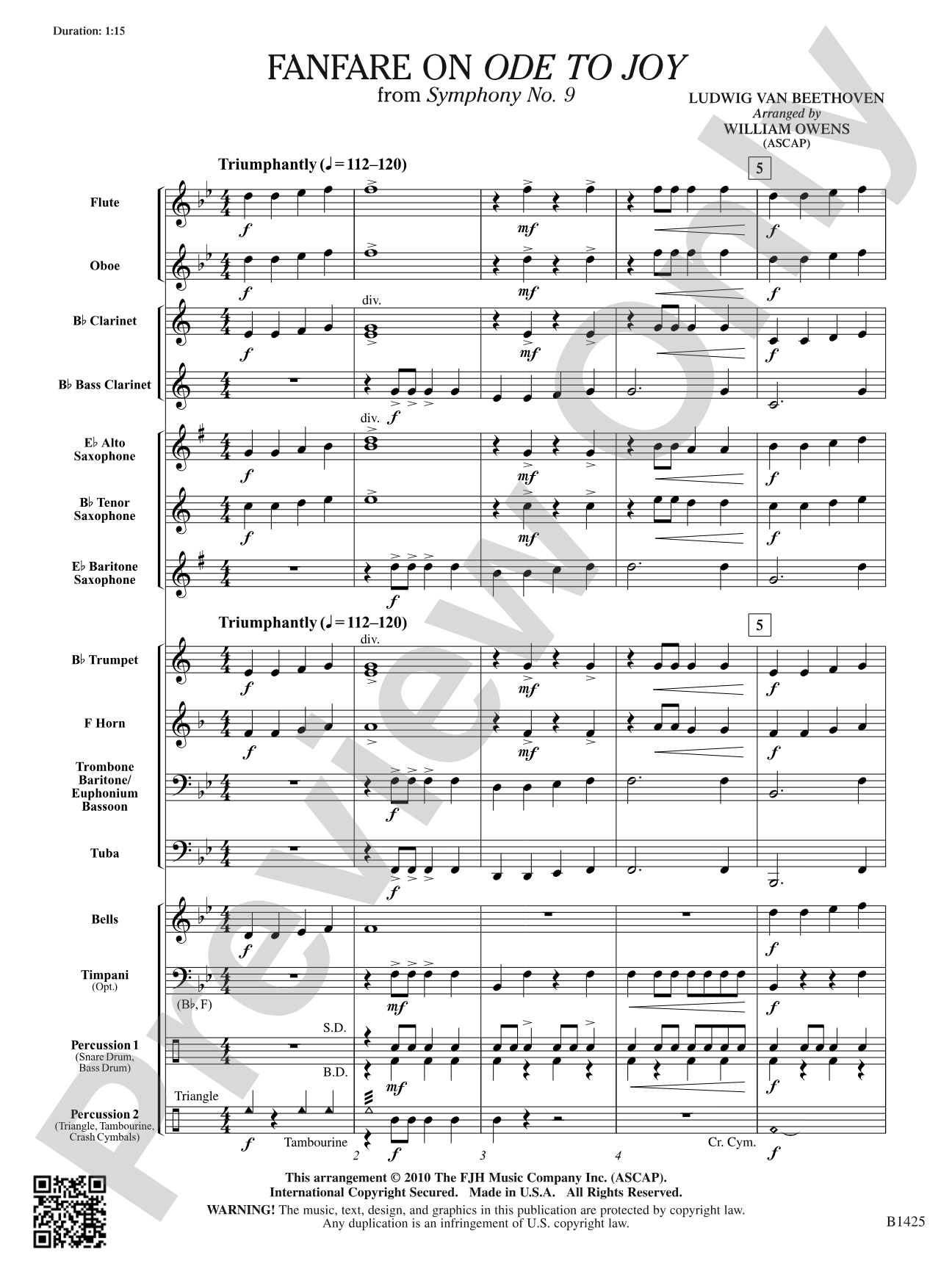 Fanfare on "Ode to Joy" from Symphony No. 9: Concert Band Conductor Score & Parts