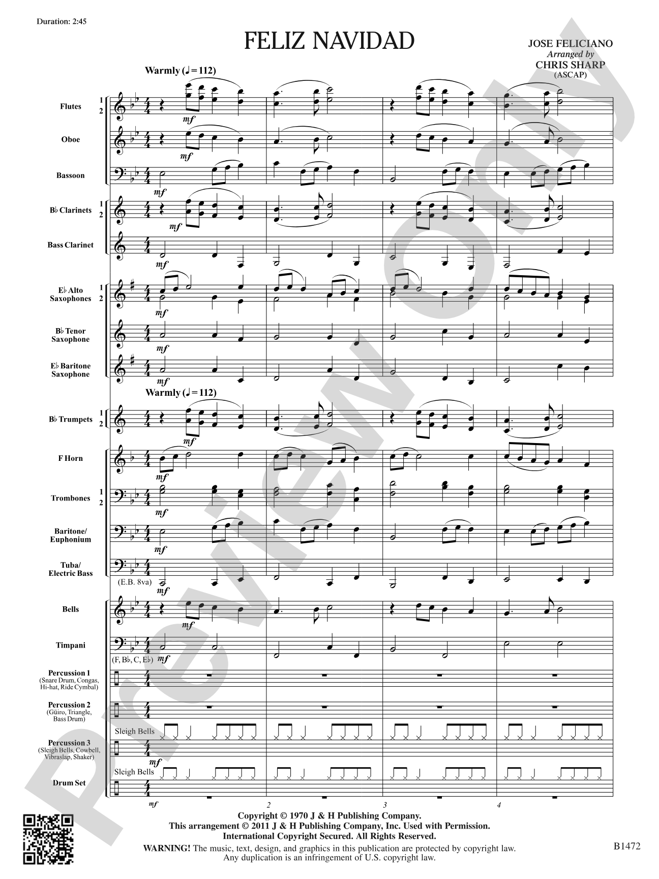 Feliz Navidad: Concert Band Conductor Score & Parts