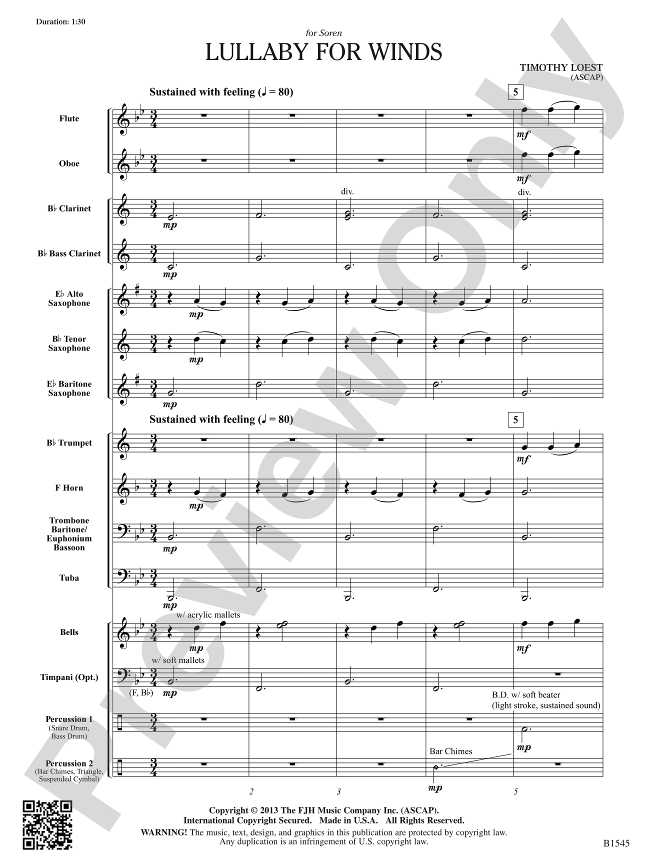 Lullaby for Winds: Concert Band Conductor Score & Parts