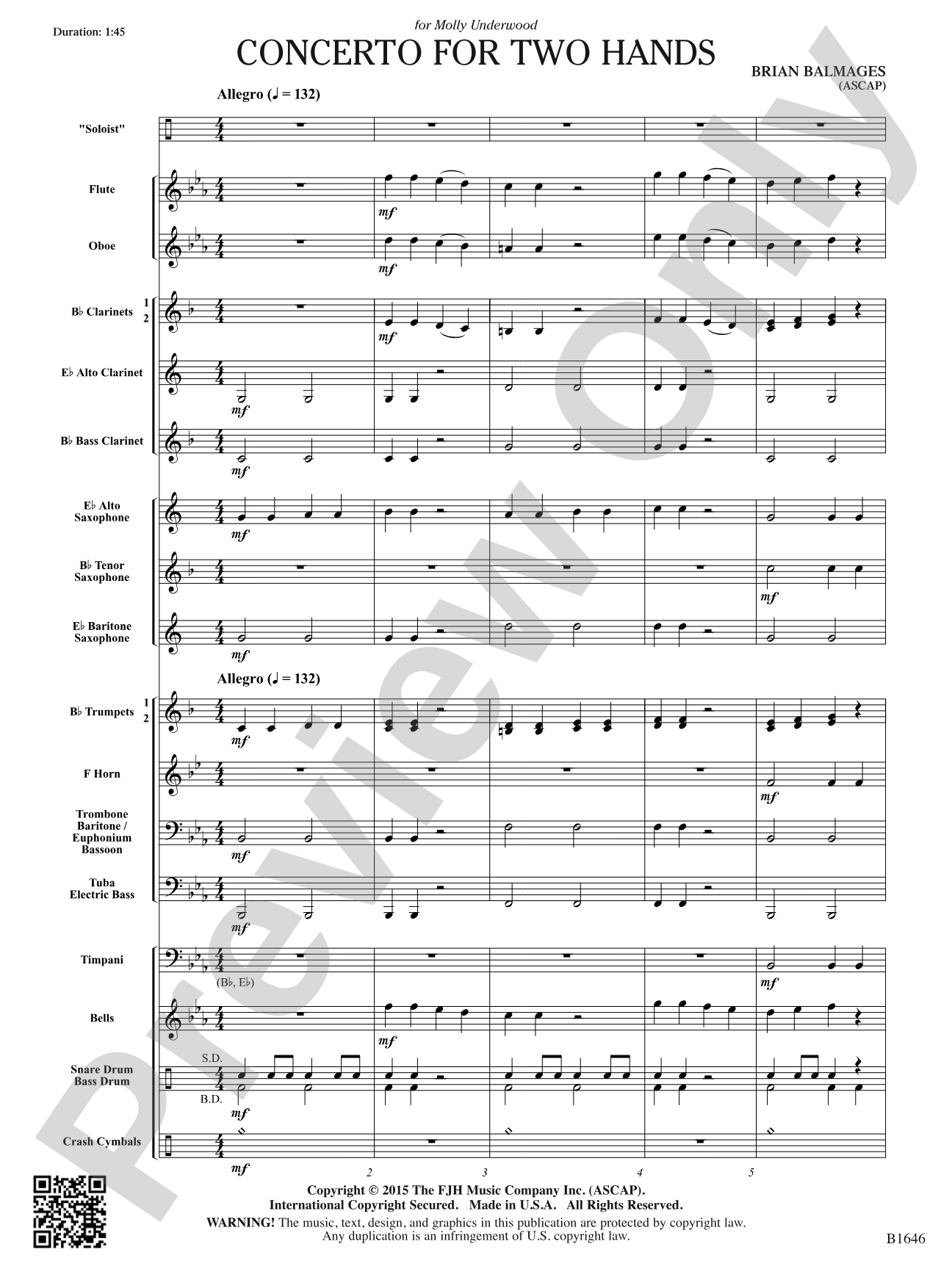Concerto for Two Hands: Concert Band Conductor Score & Parts