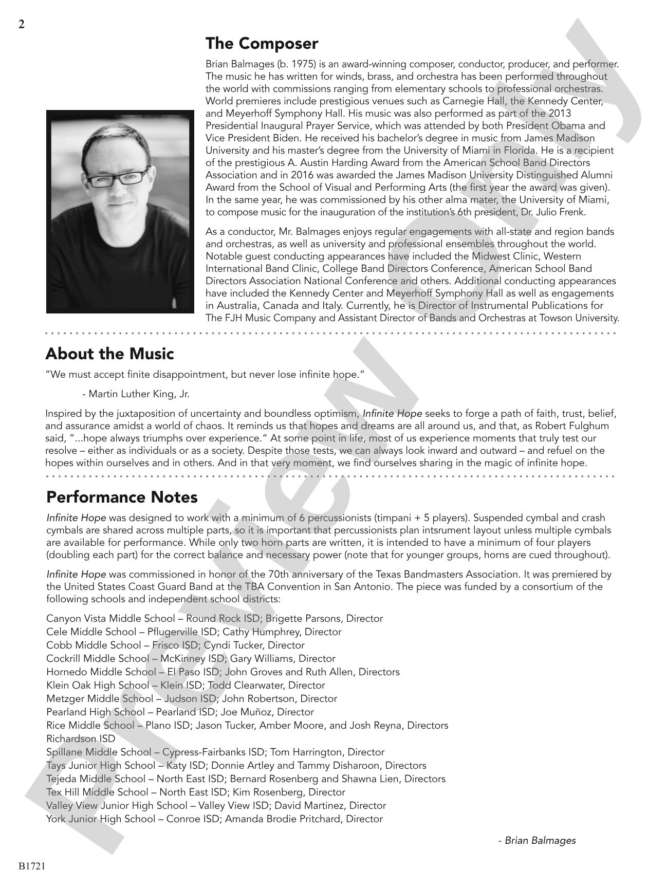 Infinite Hope: Concert Band Conductor Score & Parts