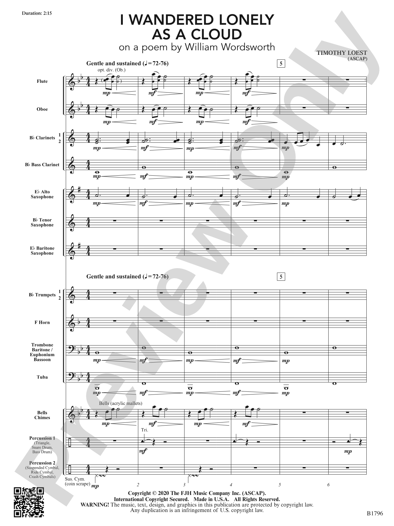 I Wandered Lonely as a Cloud (on a poem by William Wordsworth): Concert Band Conductor Score & Parts