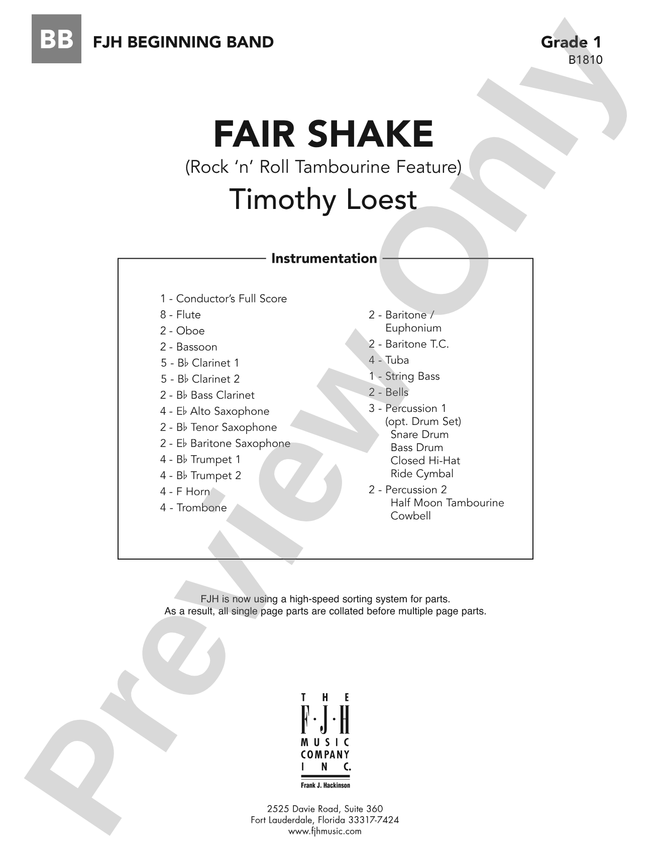 Fair Shake (Rock 'n' Roll Tambourine Feature): Concert Band Conductor Score & Parts