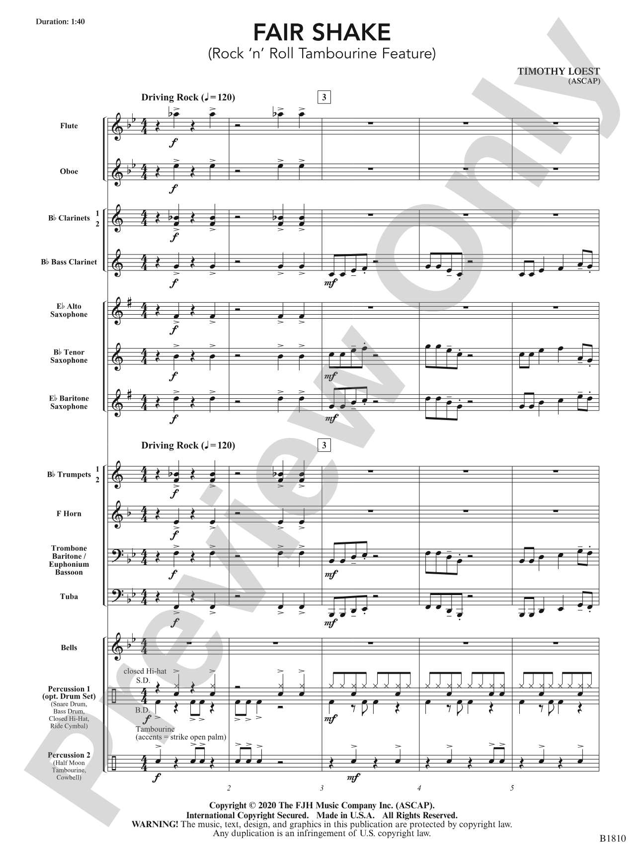 Fair Shake (Rock 'n' Roll Tambourine Feature): Concert Band Conductor Score & Parts