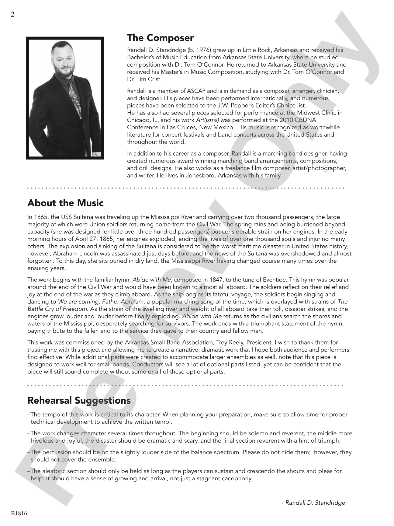 Sultana: 1865: Concert Band Conductor Score & Parts