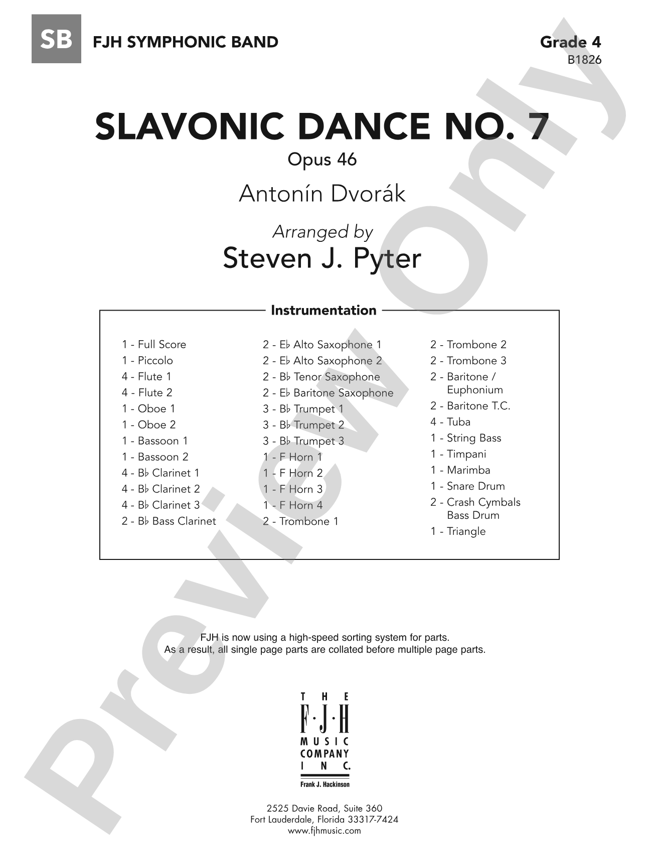 Slavonic Dance No. 7 (Opus 46): Concert Band Conductor Score & Parts