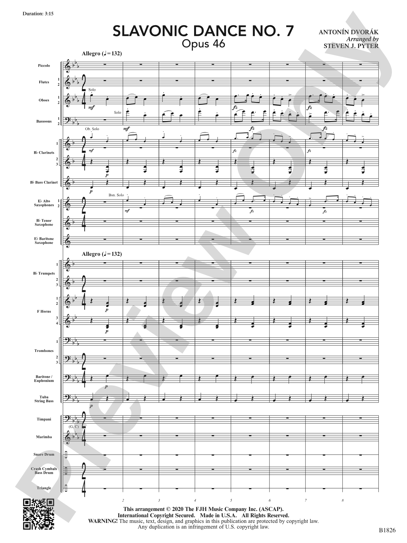 Slavonic Dance No. 7 (Opus 46): Concert Band Conductor Score & Parts