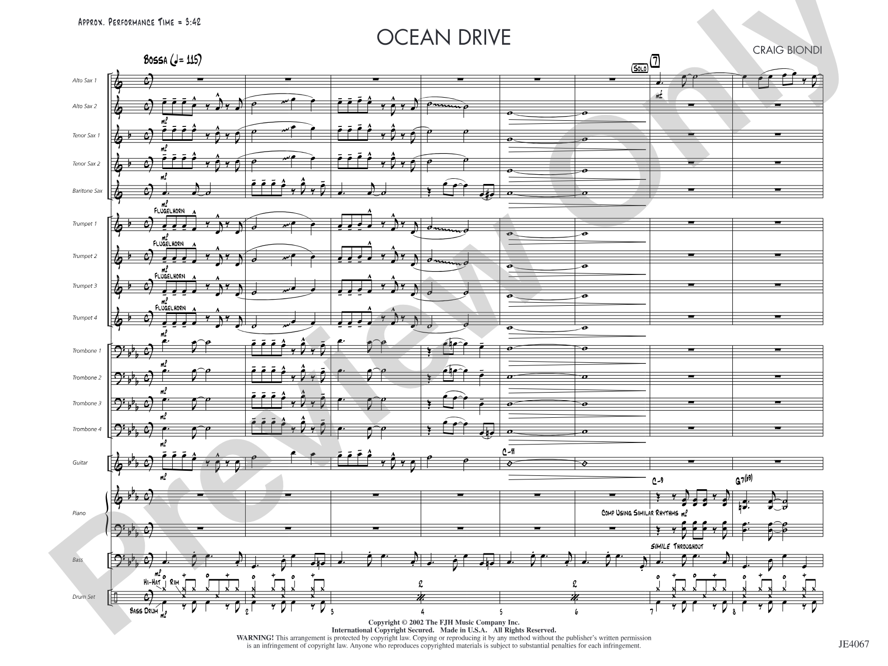 Ocean Drive: Jazz Ensemble Conductor Score & Parts