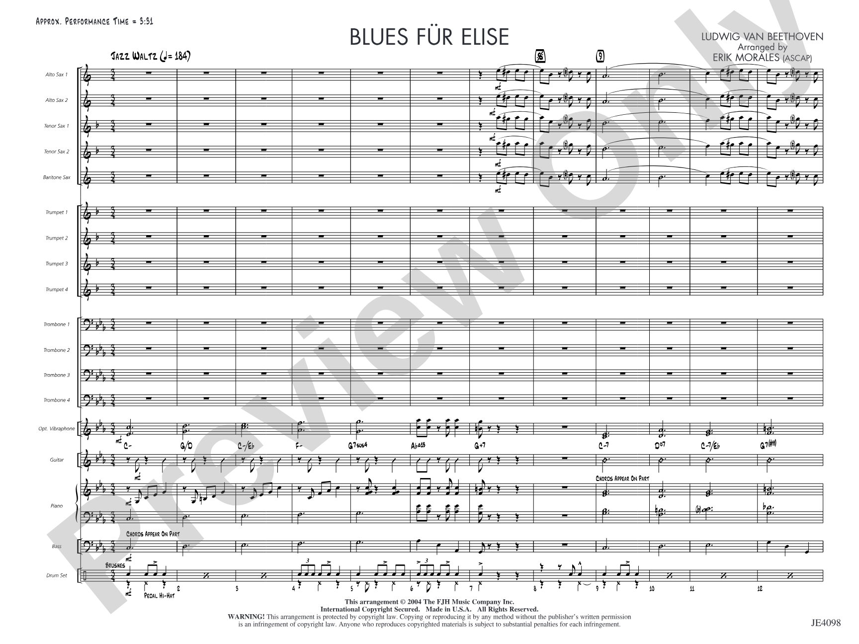 Blues für Elise: Jazz Ensemble Conductor Score & Parts