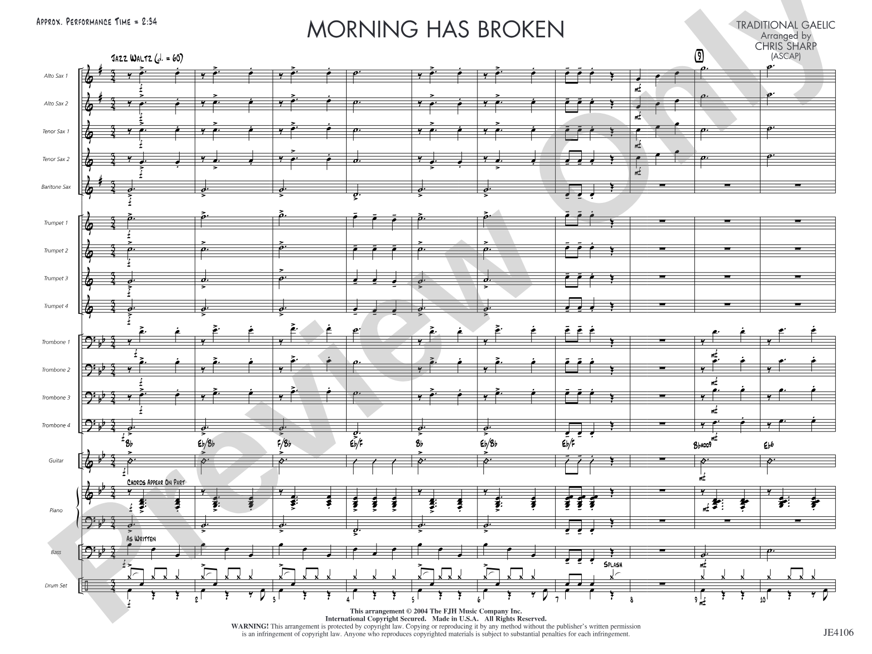 Morning Has Broken: Jazz Ensemble Conductor Score & Parts