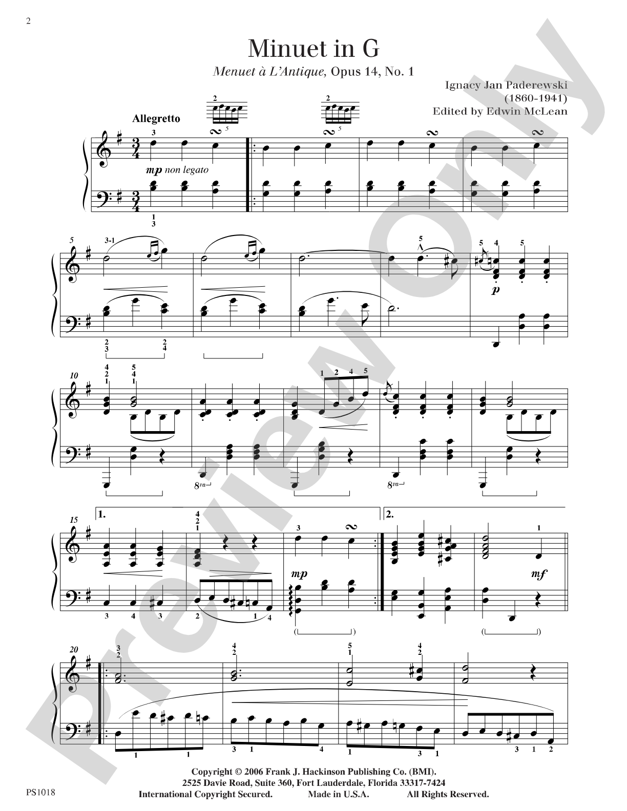 Minuet in G (Menuet a L'Antique, Op. 14, No. 1): Piano