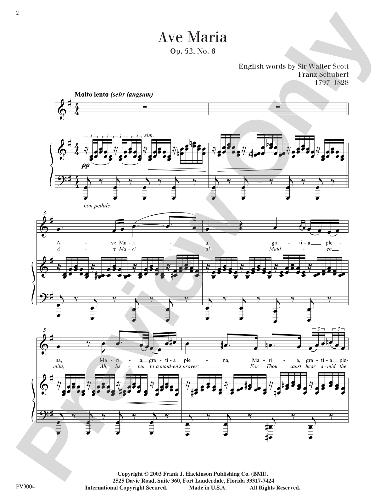Ave Maria Op. 52, No.6, For Low Voice and Piano: Piano/Vocal