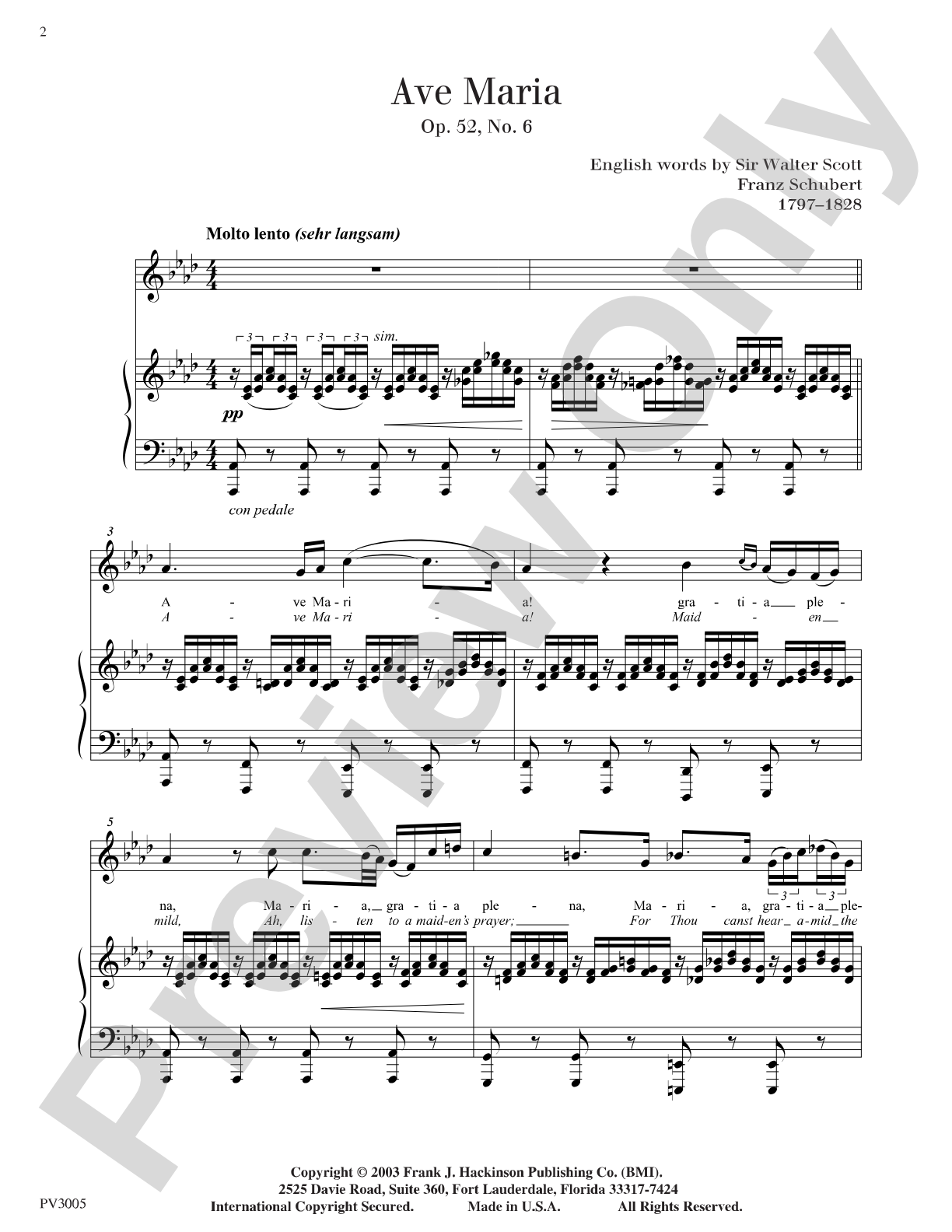 Ave Maria Op. 52, No.6, For Medium Voice and Piano: Piano/Vocal