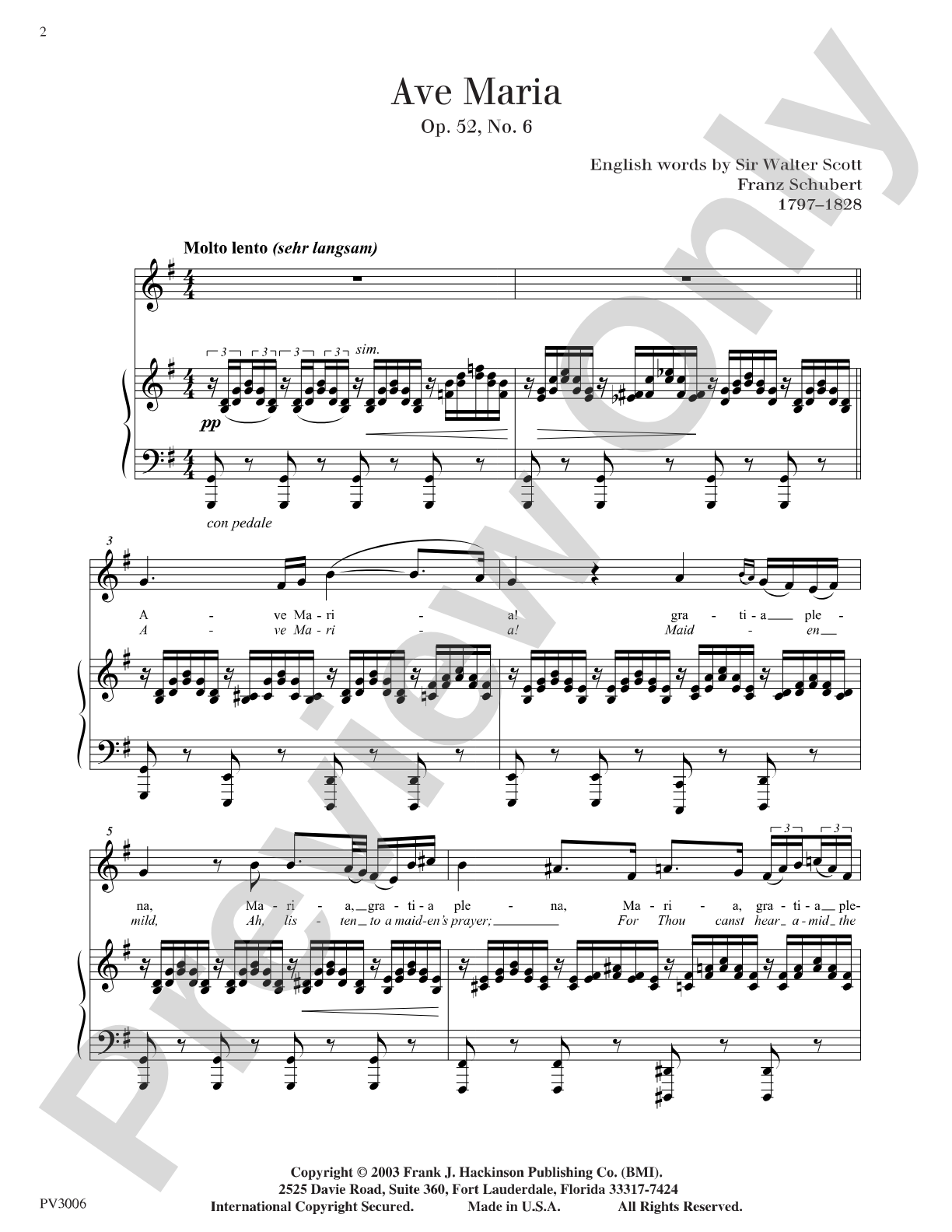 Ave Maria Op. 52, No.6, For High Voice and Piano: Piano/Vocal