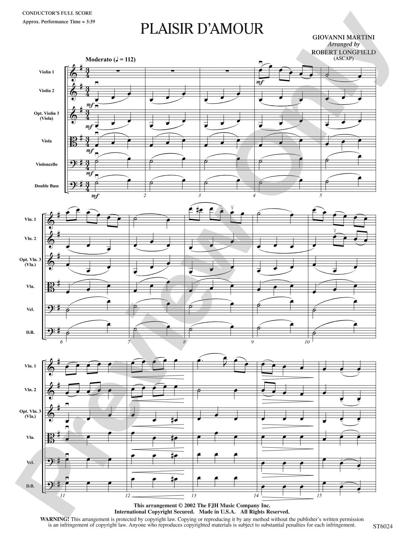 Plaisir d'amour: String Orchestra Conductor Score & Parts