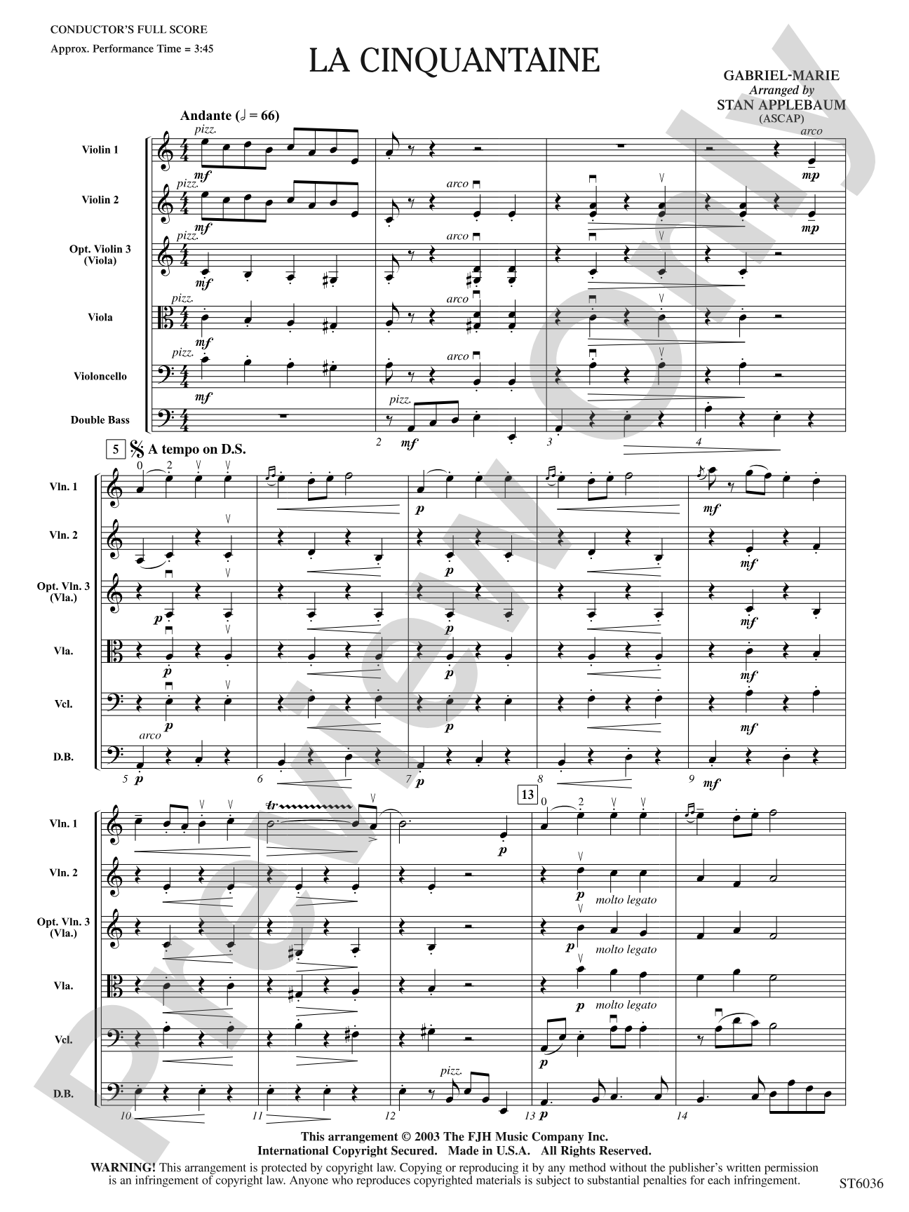 La Cinquantaine: String Orchestra Conductor Score & Parts