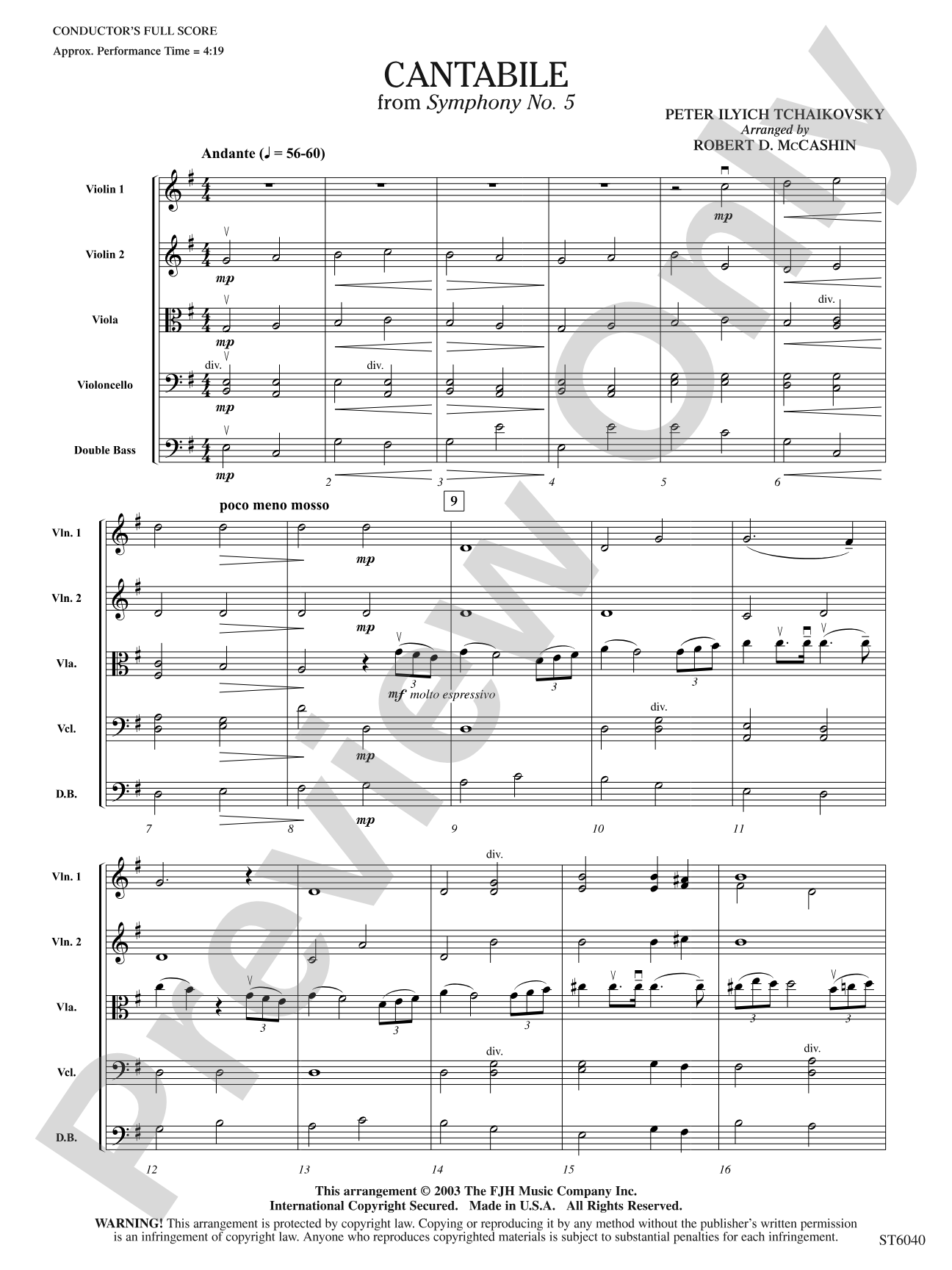 Cantabile (from Tchaikovsky's Symphony No. 5): String Orchestra Conductor Score & Parts