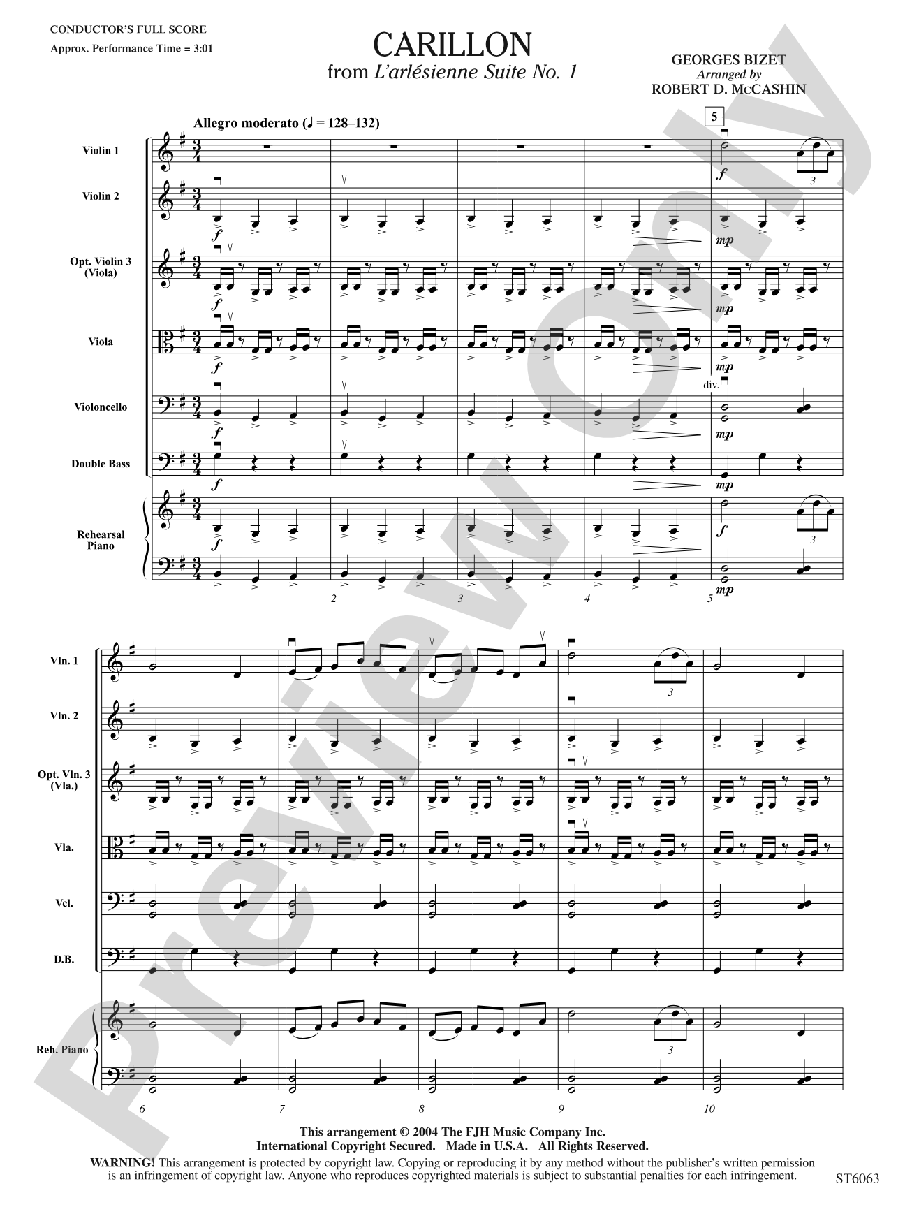 Carillon from L'arlesienne Suite No. 1: String Orchestra Conductor Score & Parts