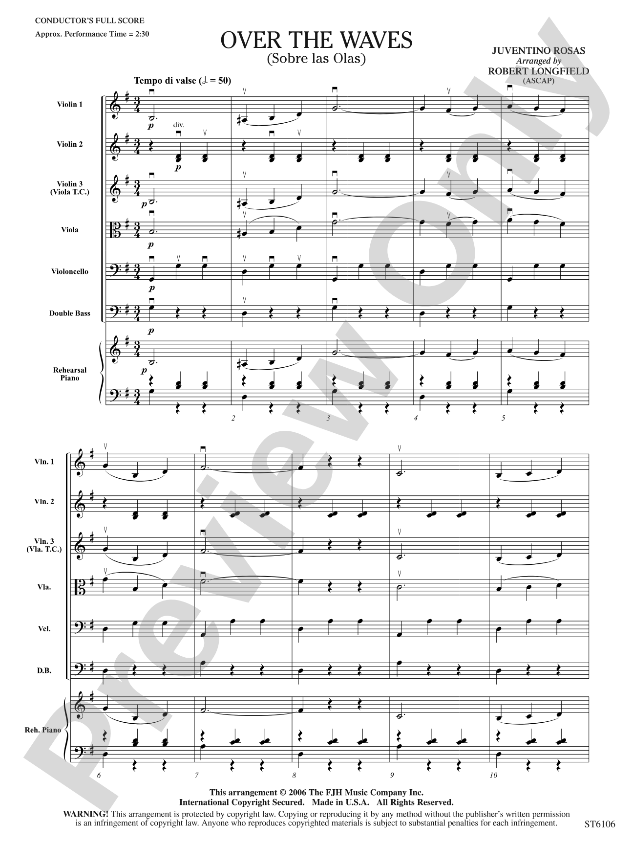 Over the Waves (Sobre las Olas): String Orchestra Conductor Score & Parts