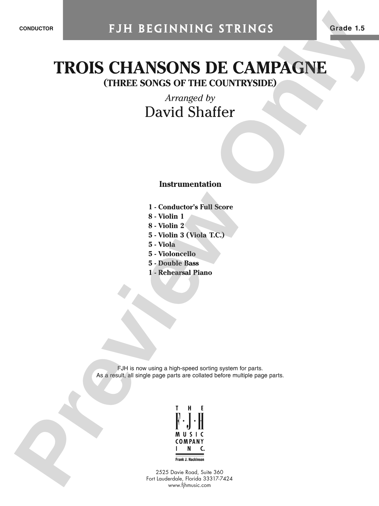 Trois chansons de campagne (Three Songs of the Countryside): String Orchestra Conductor Score & Parts