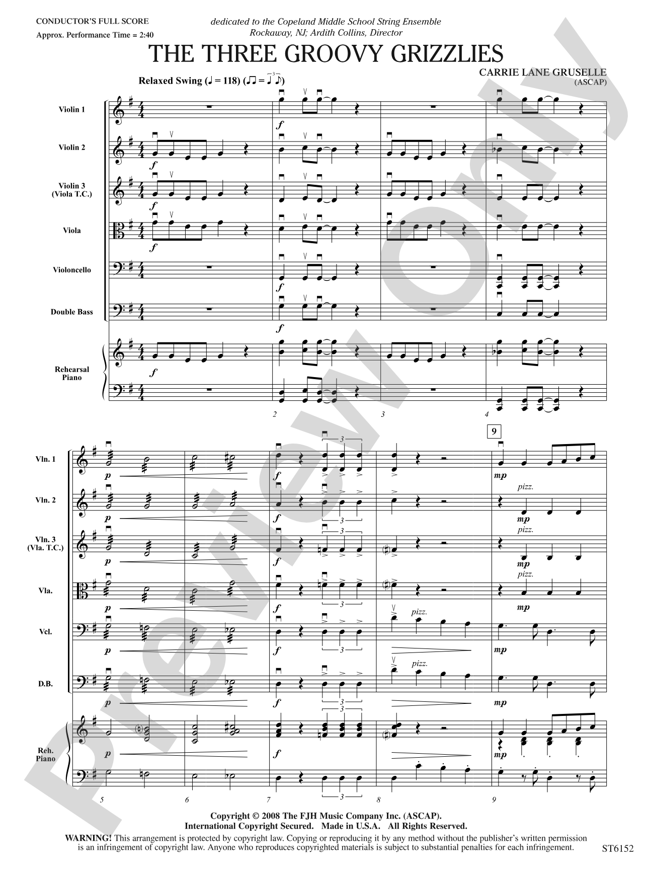 The Three Groovy Grizzlies: String Orchestra Conductor Score & Parts