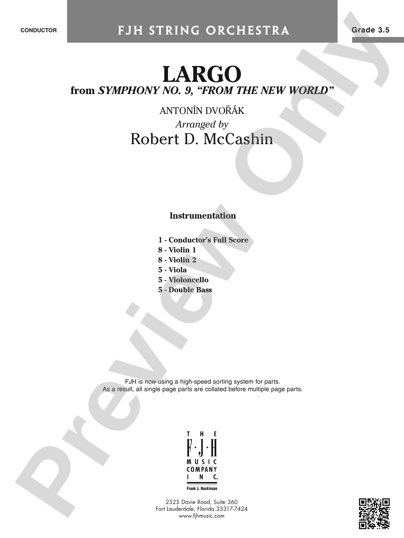 Largo (from Symphony No. 9, "From the New World"): String Orchestra Conductor Score & Parts