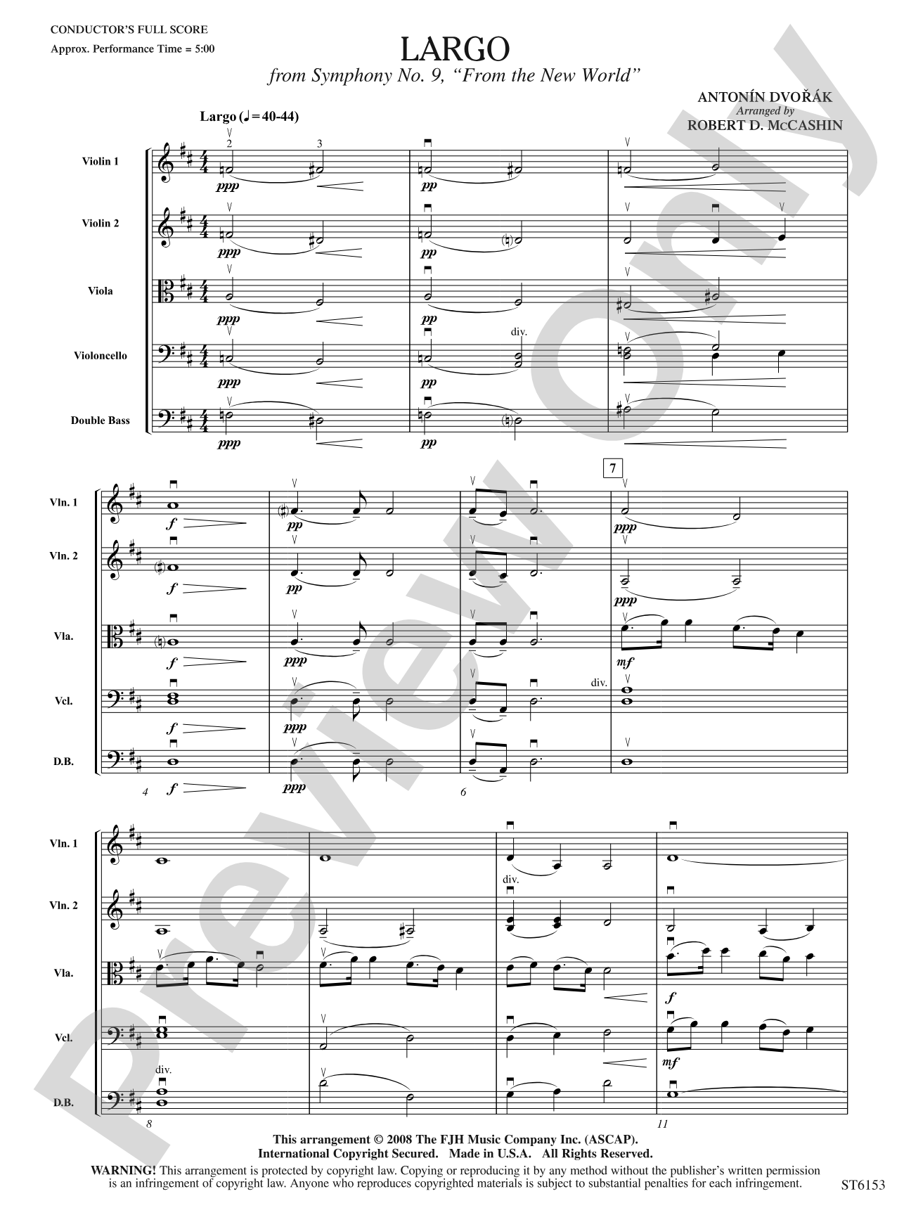 Largo (from Symphony No. 9, "From the New World"): String Orchestra Conductor Score & Parts