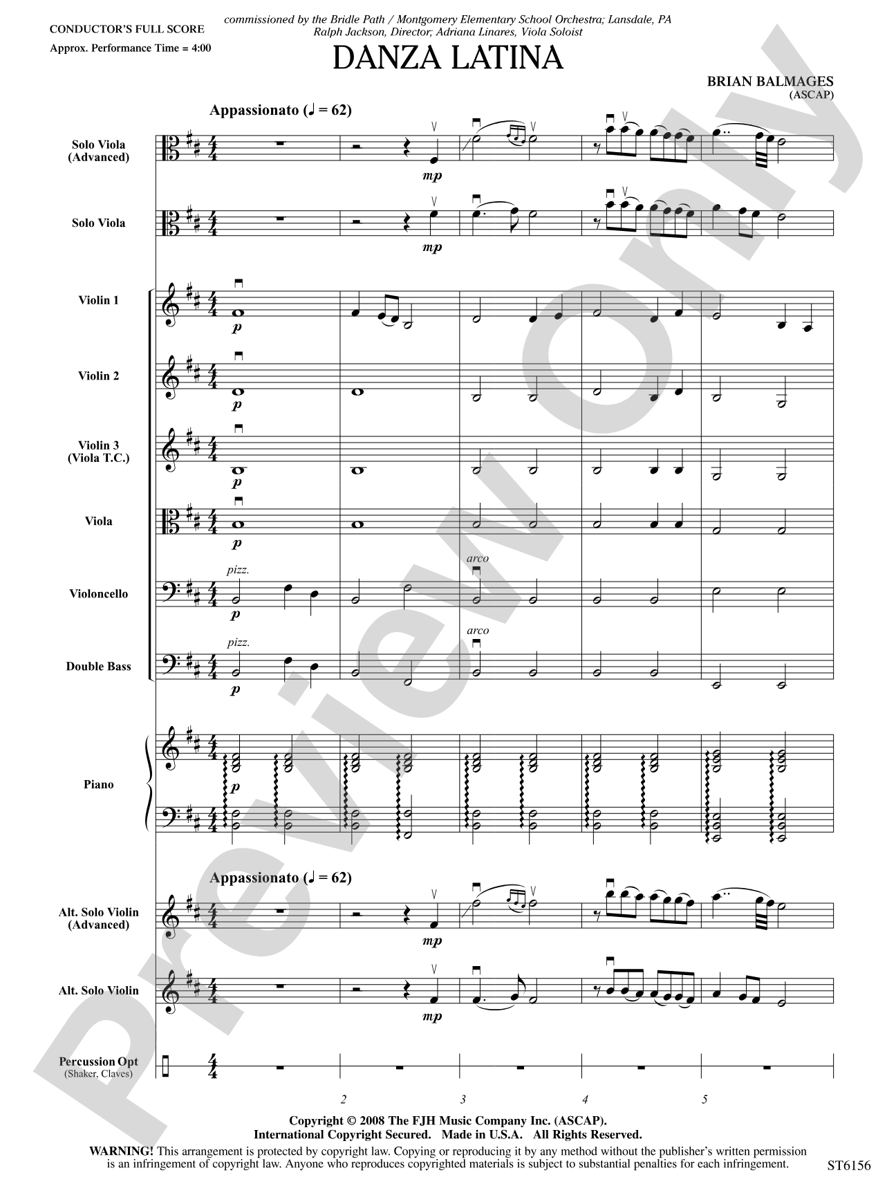 Danza Latina (for Solo Viola or Violin and Orchestra): String Orchestra Conductor Score & Parts