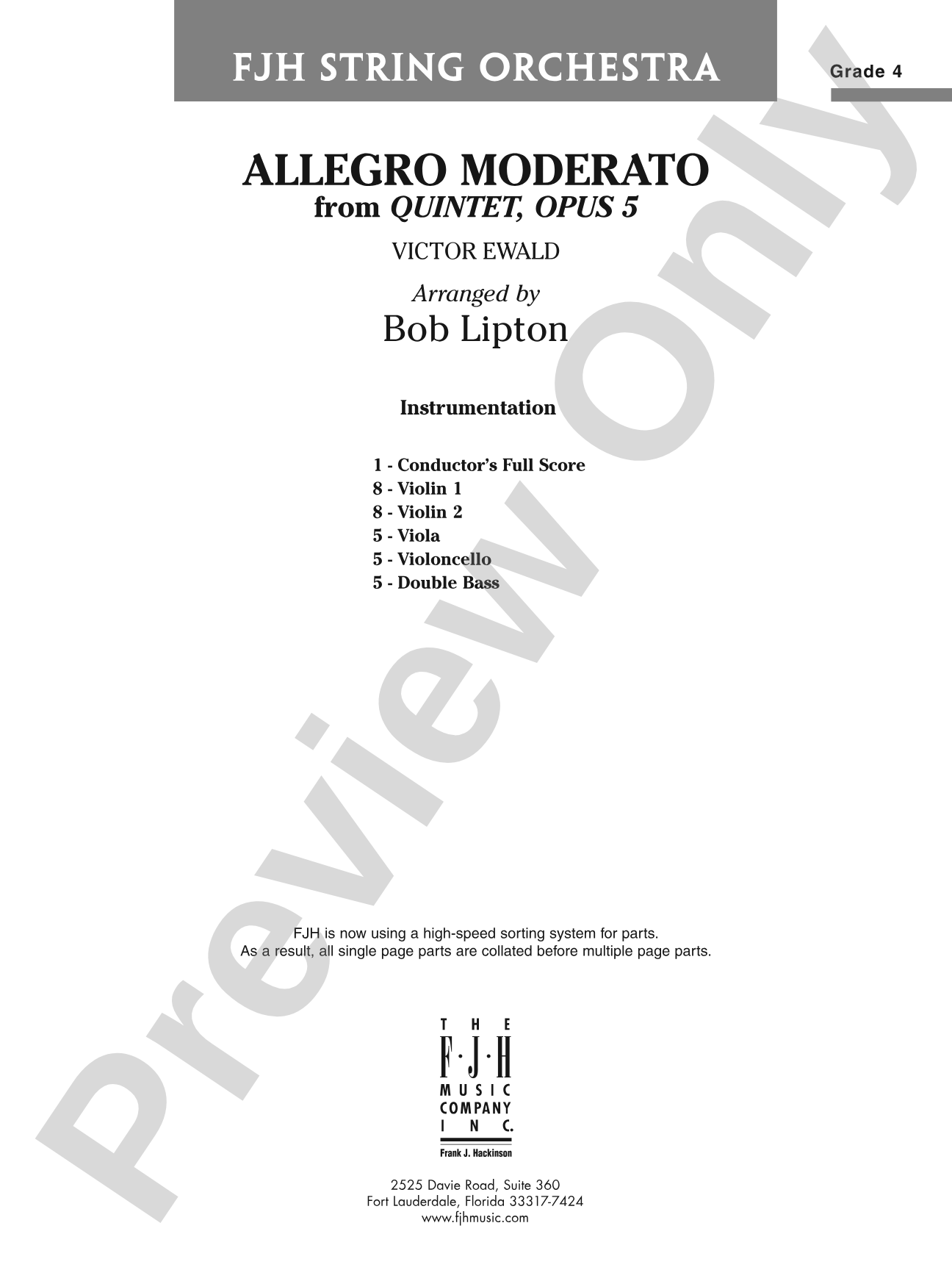 Allegro Moderato from Quintet, Opus 5: String Orchestra Conductor Score & Parts