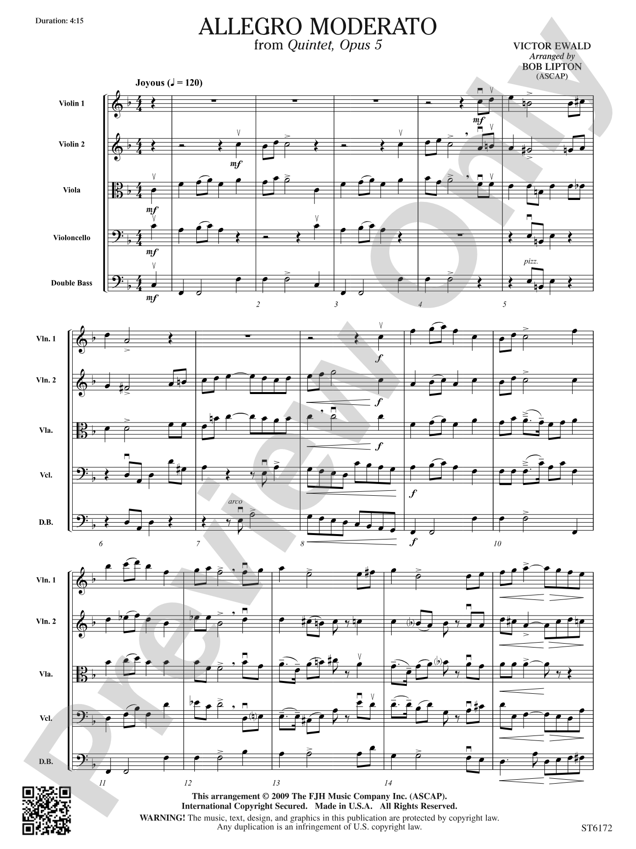 Allegro Moderato from Quintet, Opus 5: String Orchestra Conductor Score & Parts
