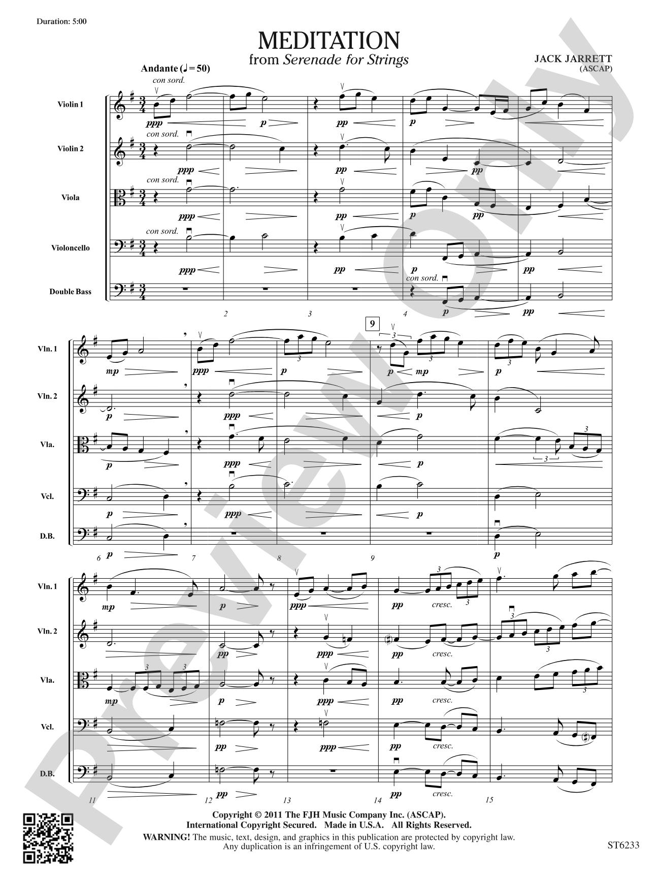 Meditation: String Orchestra Conductor Score & Parts