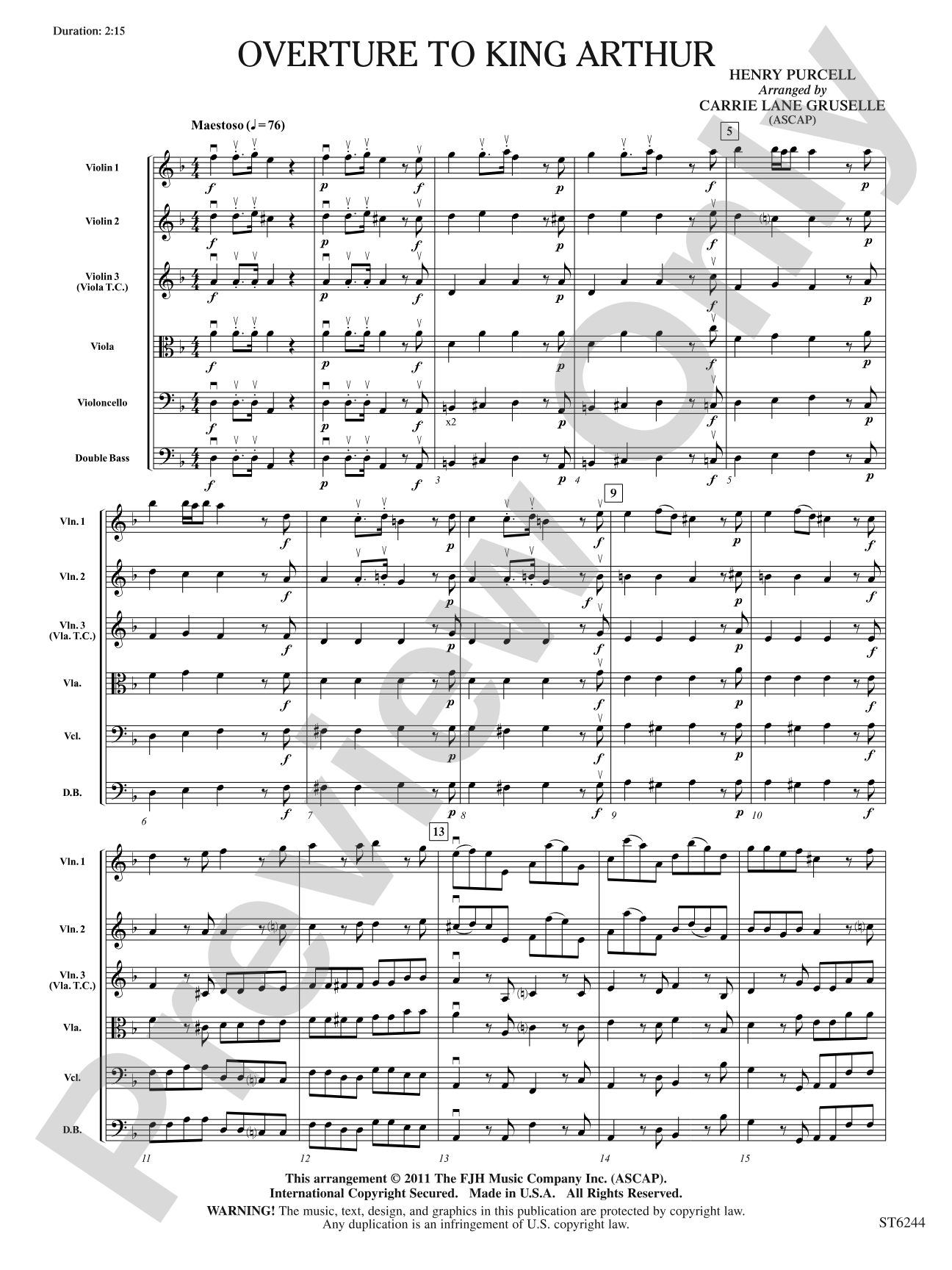 Overture to King Arthur: String Orchestra Conductor Score & Parts