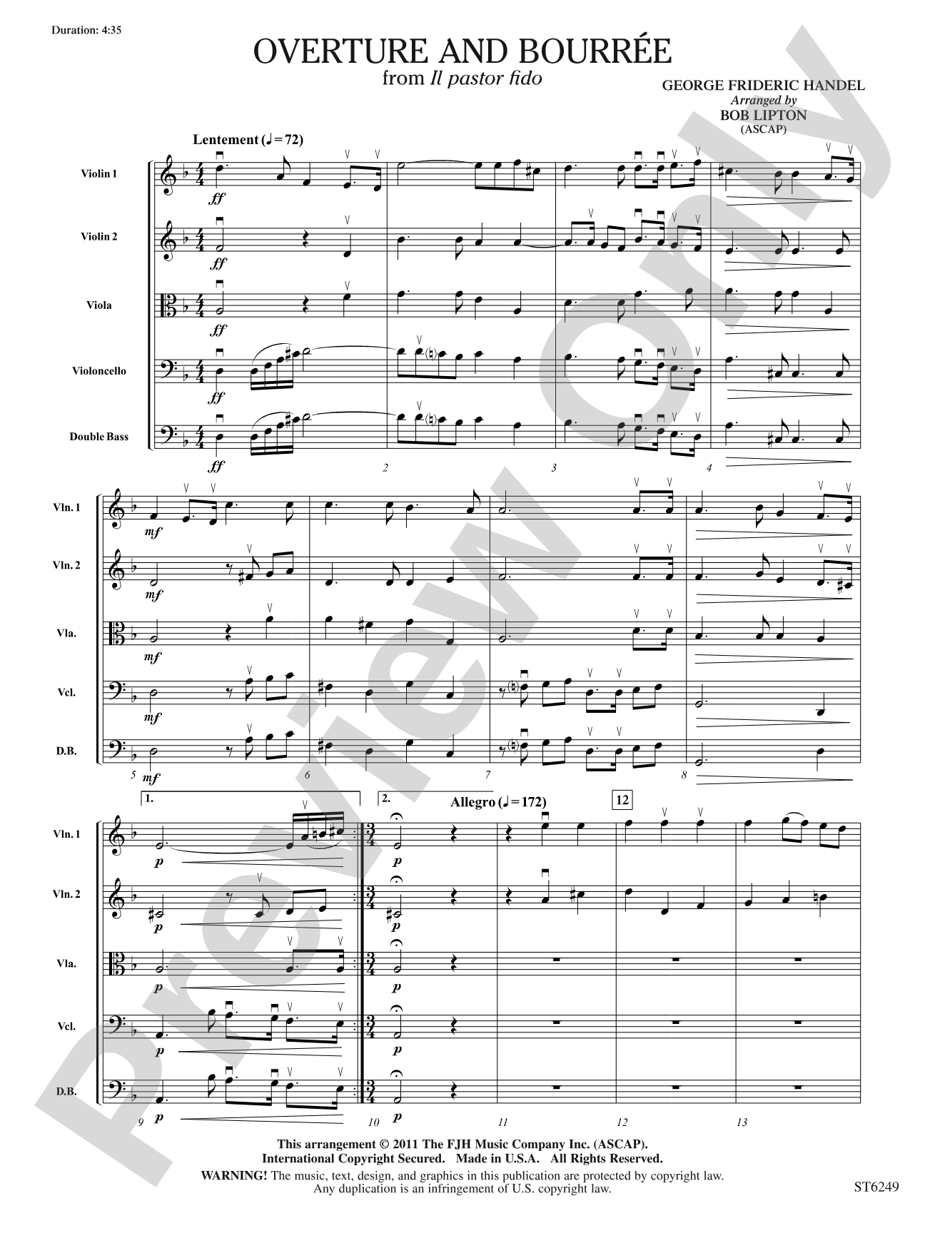 Overture and Bourree (from Il Pastor Fido): String Orchestra Conductor Score & Parts