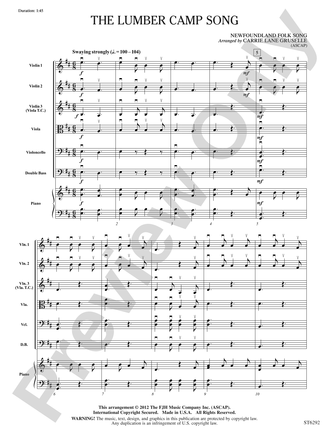 The Lumber Camp Song: String Orchestra Conductor Score & Parts